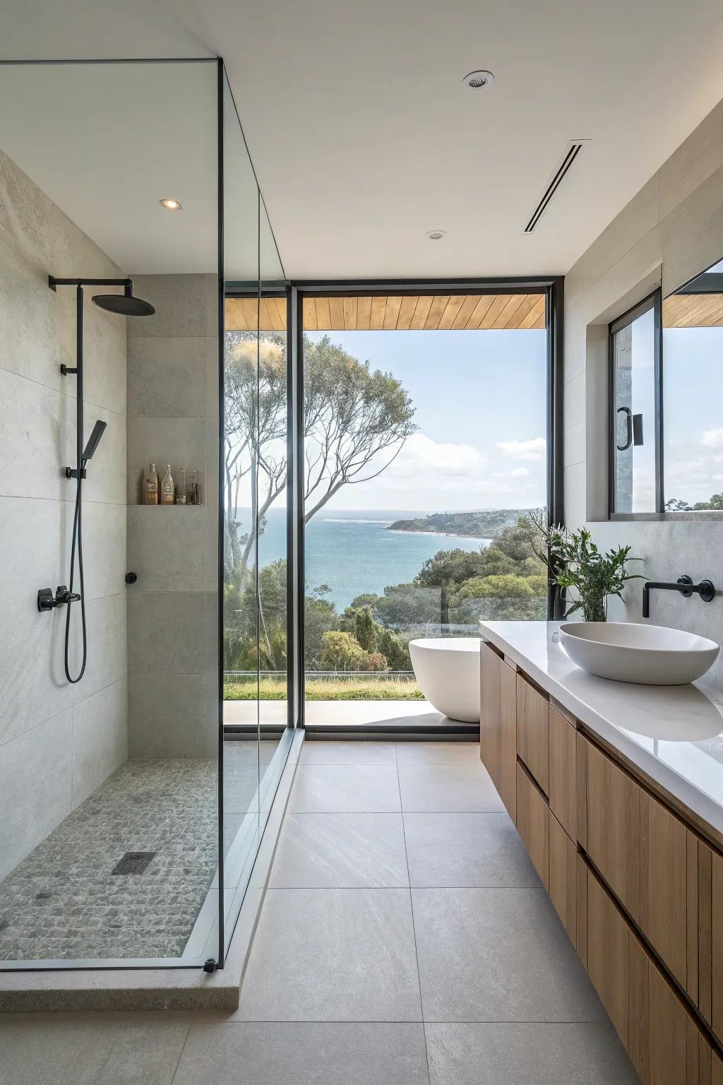 Borderless windows offer a seamless and open design in the shower area.
