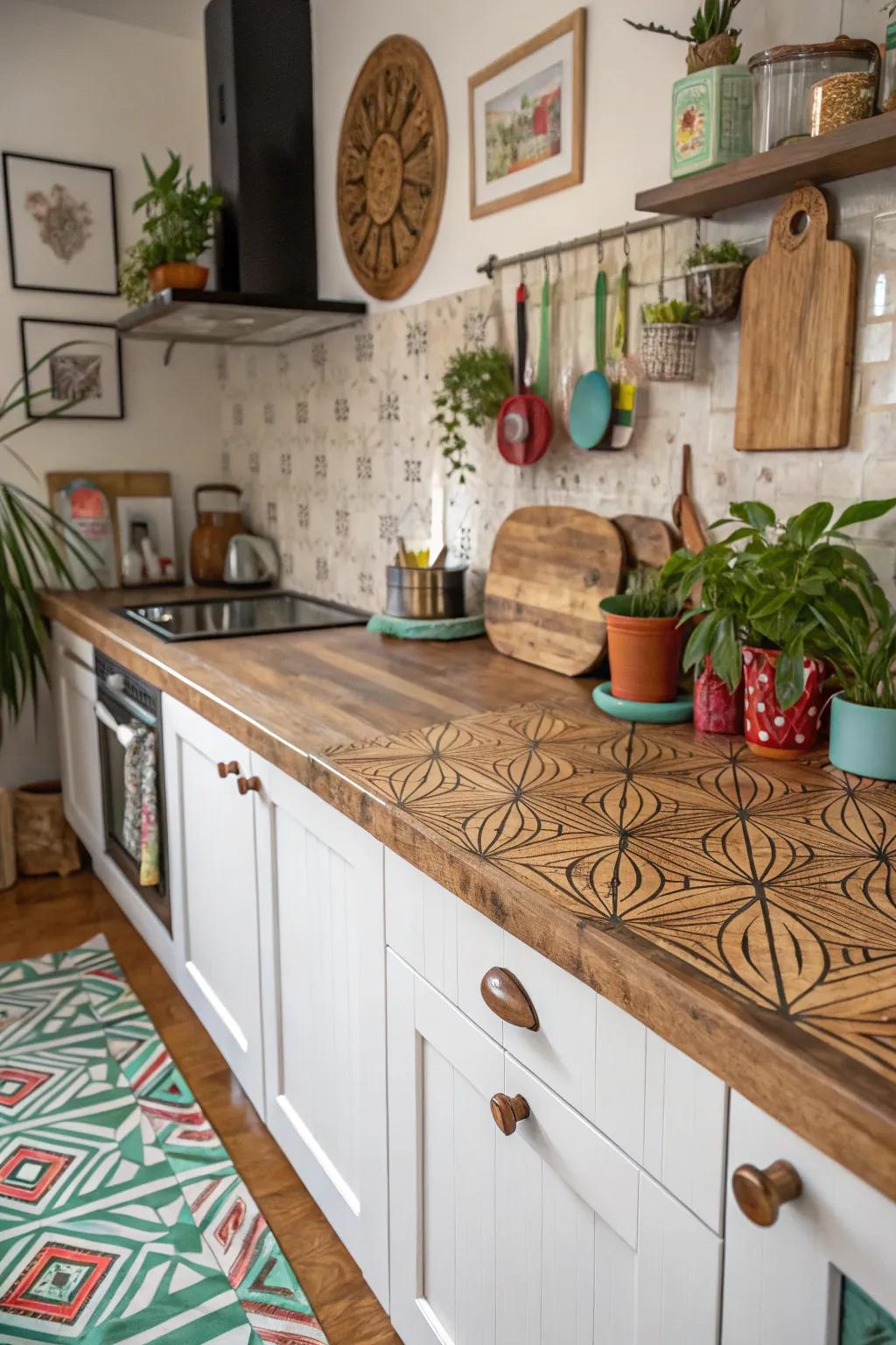 Patterned timber countertops offering a unique and playful design.