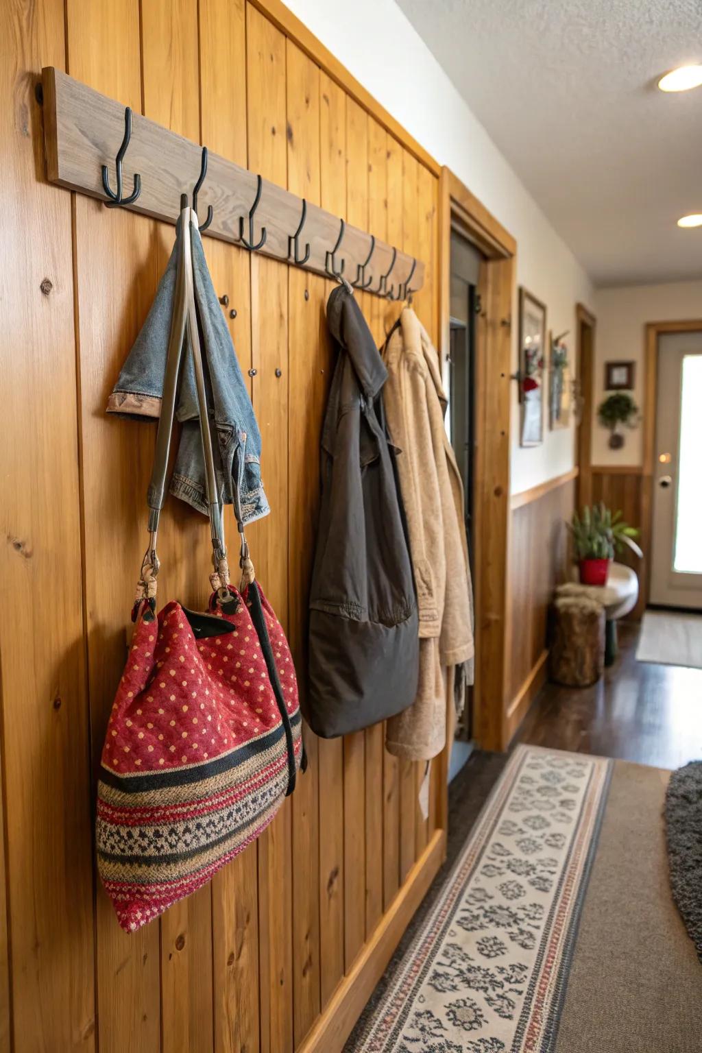 Wood wall hooks keep entryways stylish.