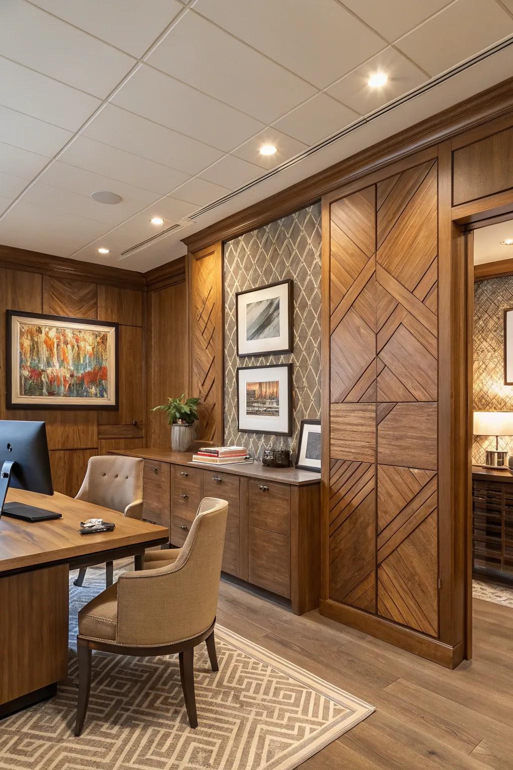 Layered textures on timber coverings create a rich, energetic space.