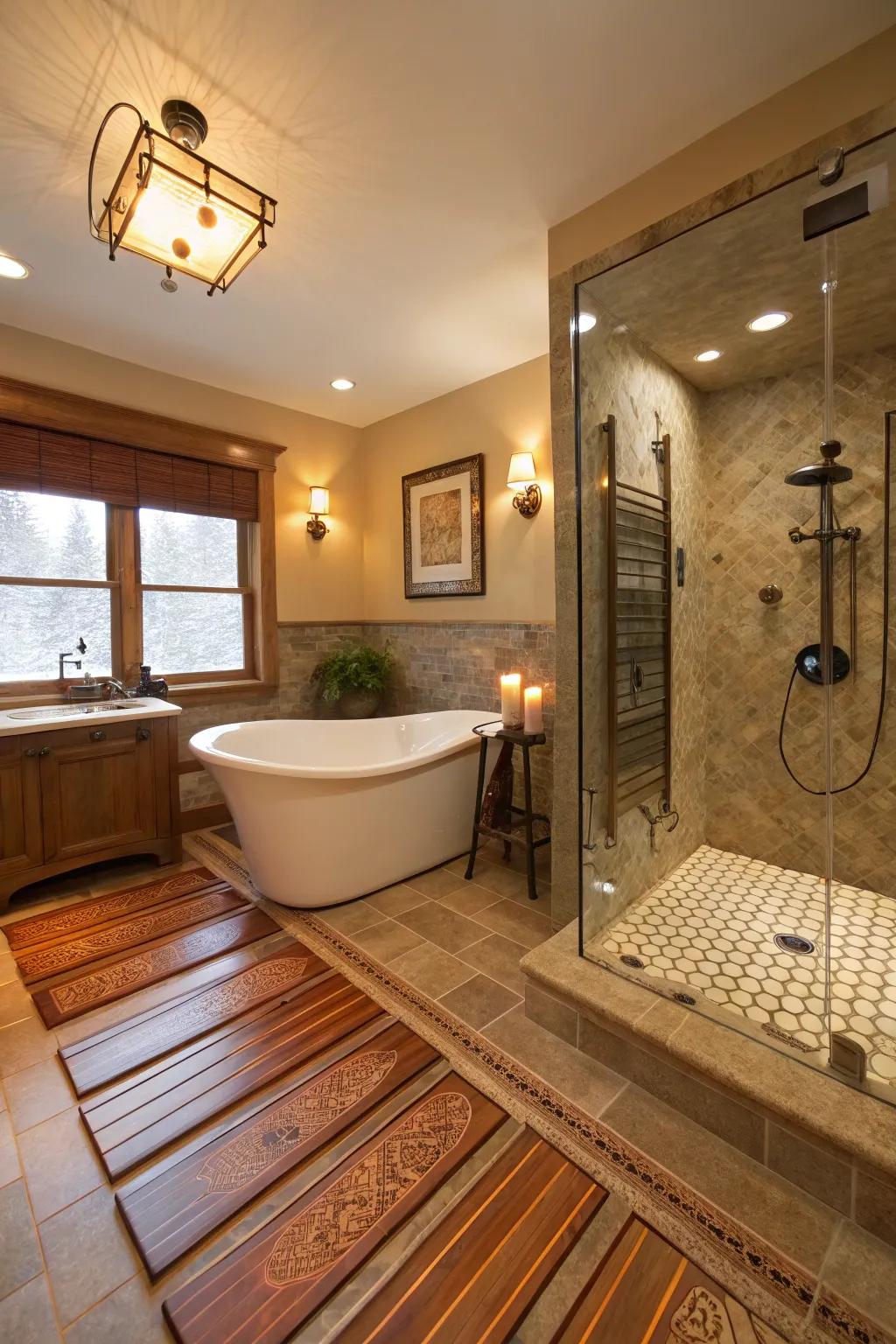 Heated flooring contributing coziness and comfort to the bathroom.