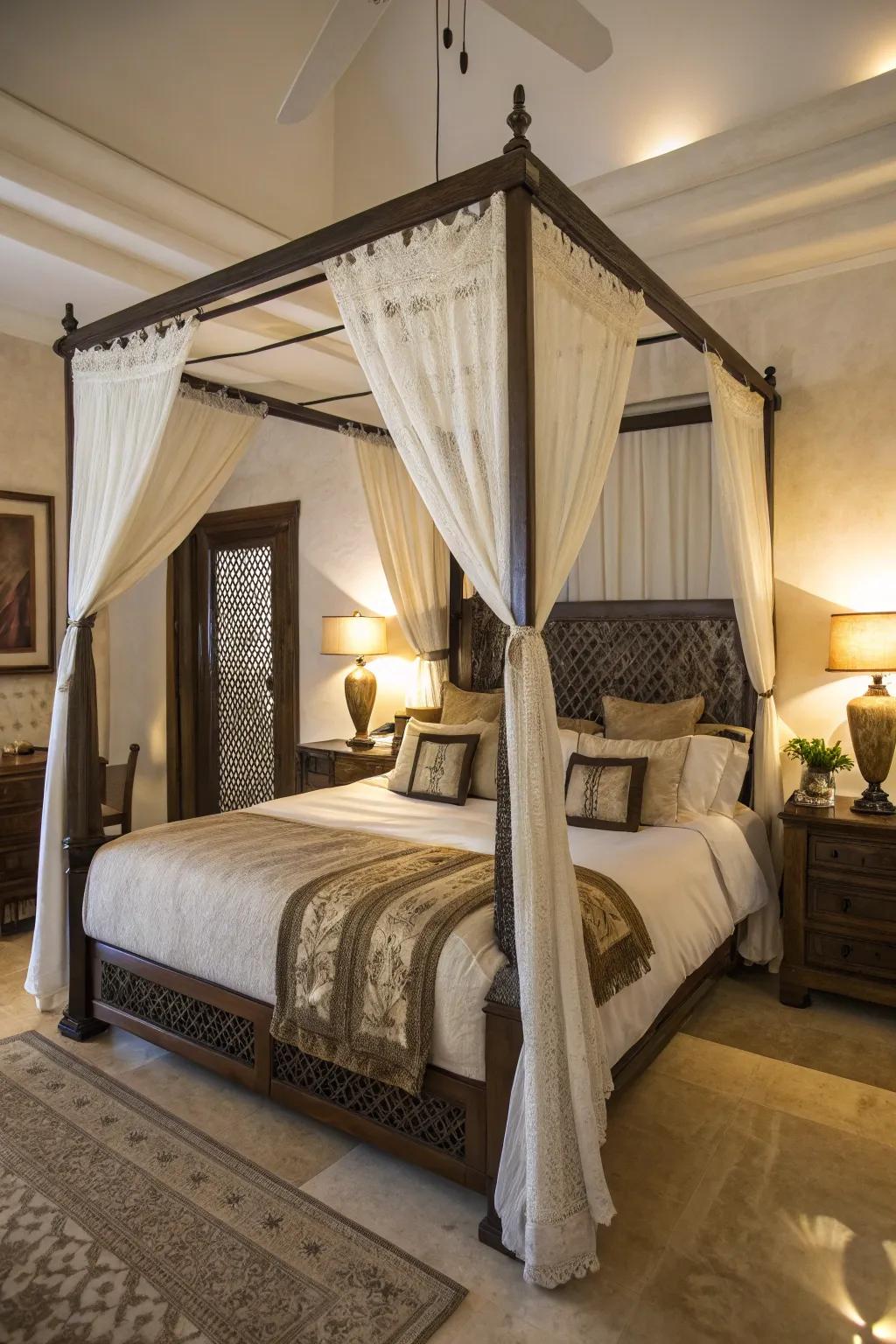 A canopy bed introduces drama and elegance to this fashionable bedroom.