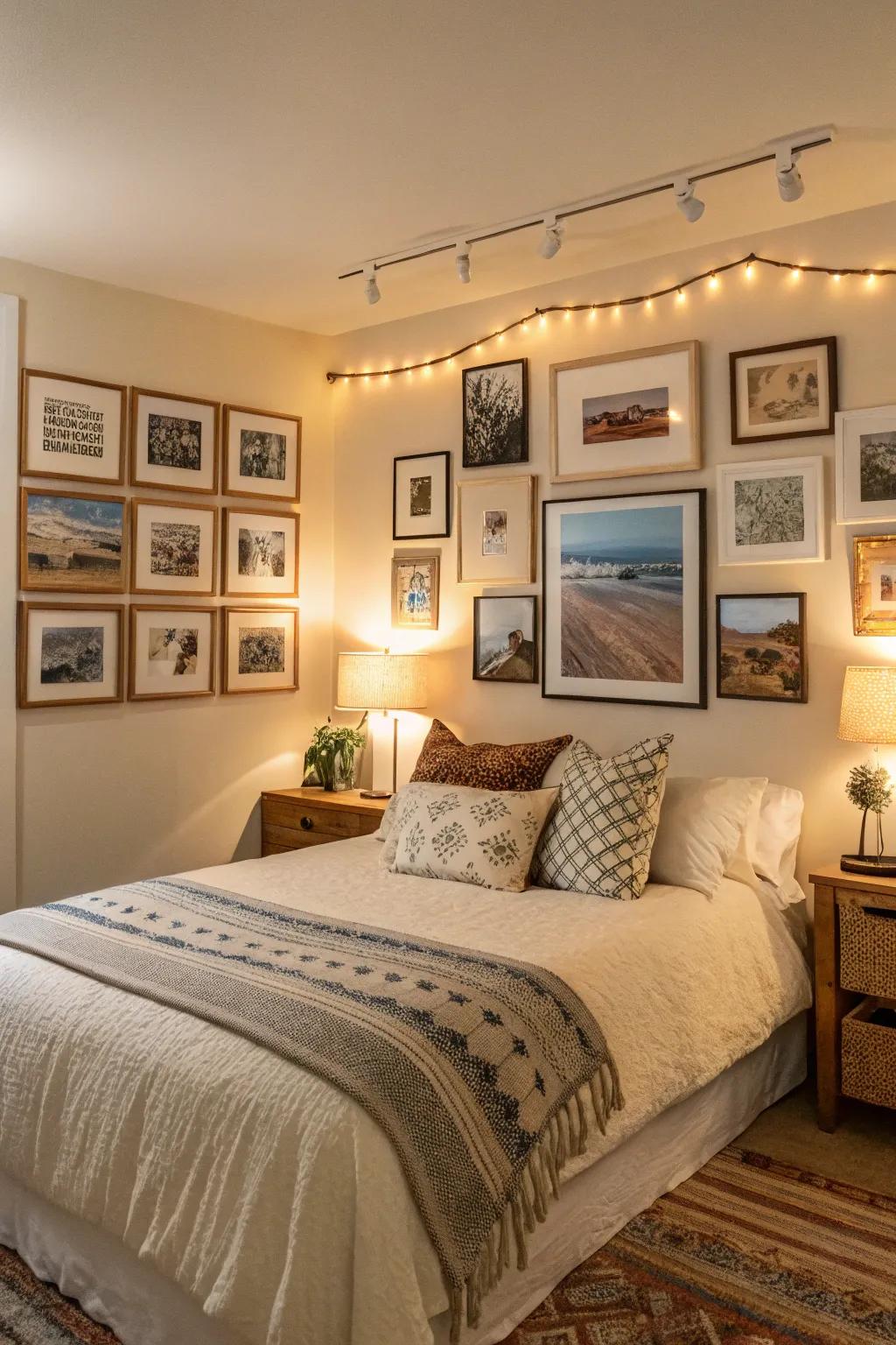 A gallery wall introduces personal flair and storytelling to this bedroom.