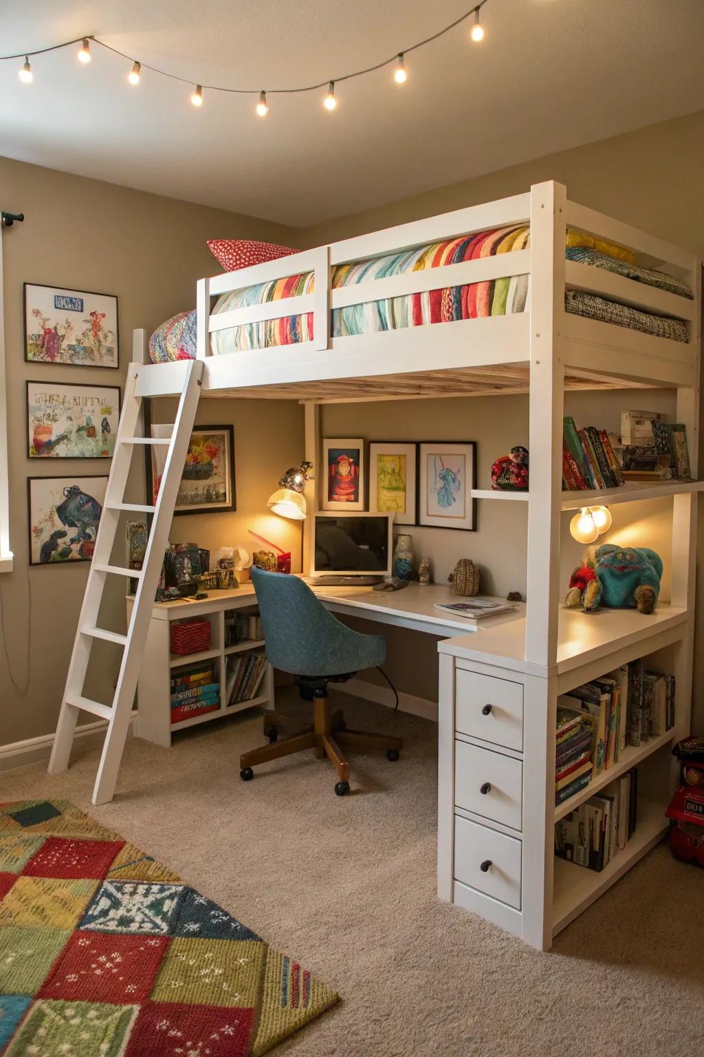 An elevated bed effectively uses space, providing room for both play and study.