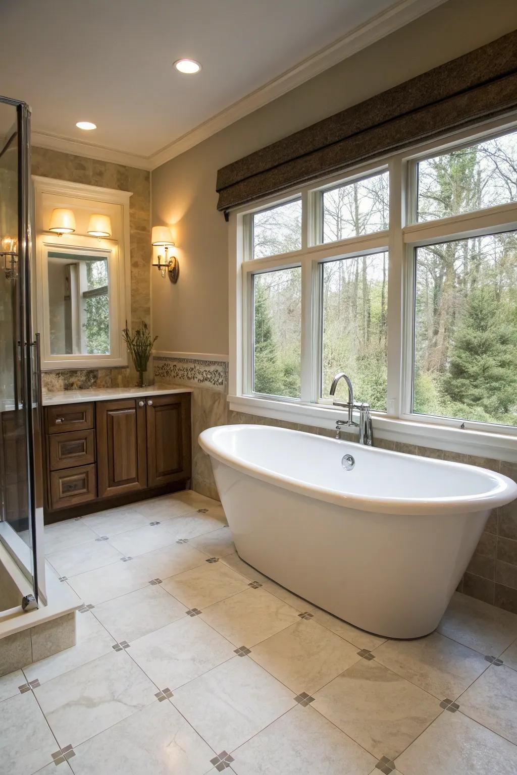 A standalone bathtub placed near a window for a relaxing spa-like focal point.
