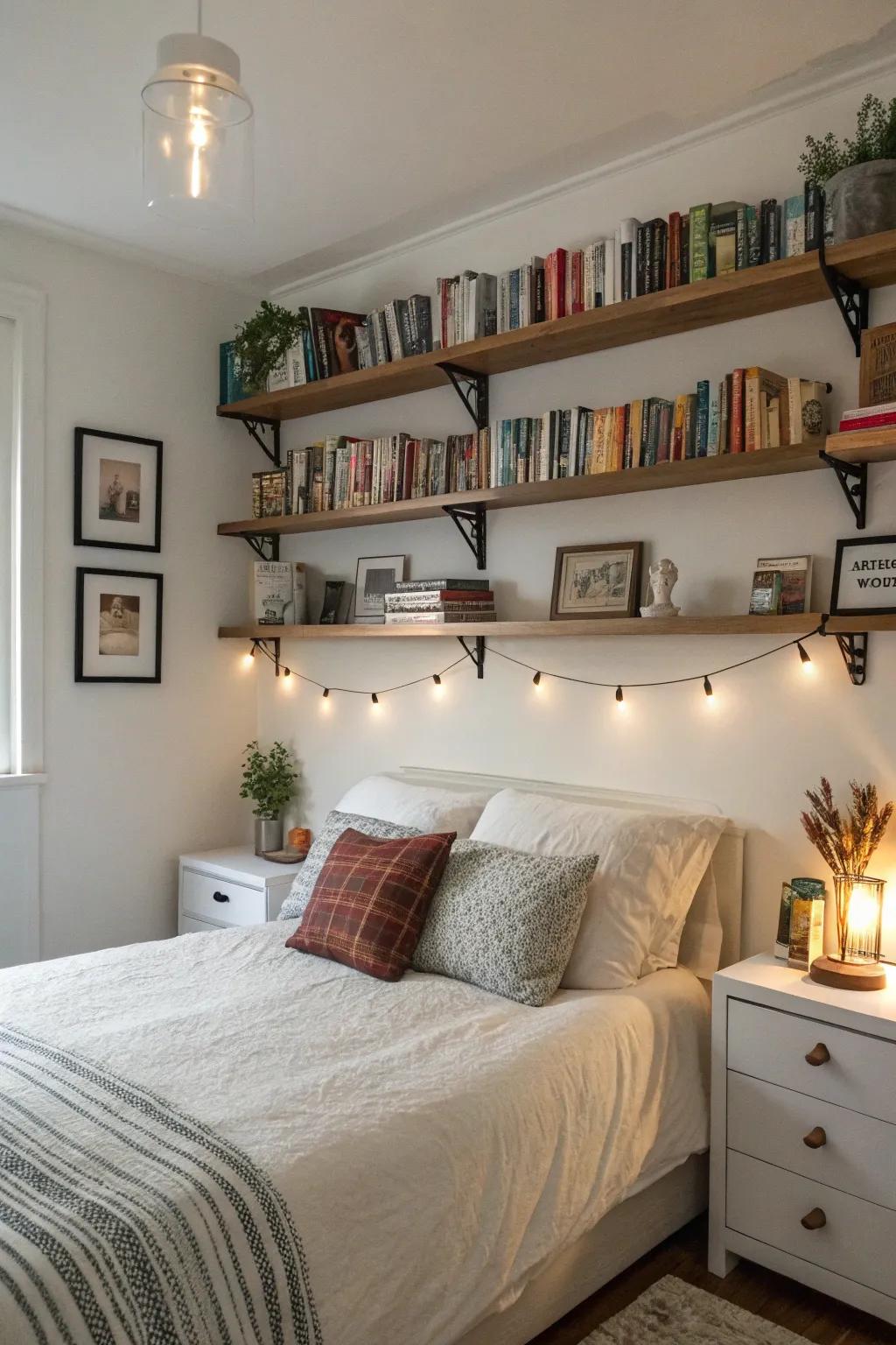 Wall mounted shelves add elegance and utility.