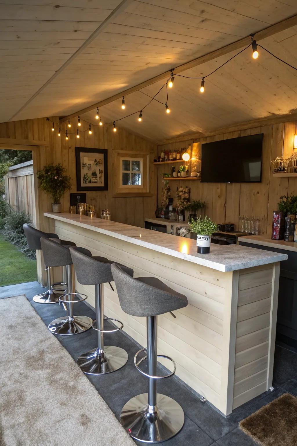 A stylish bar area inside your shed for elegant get-togethers.