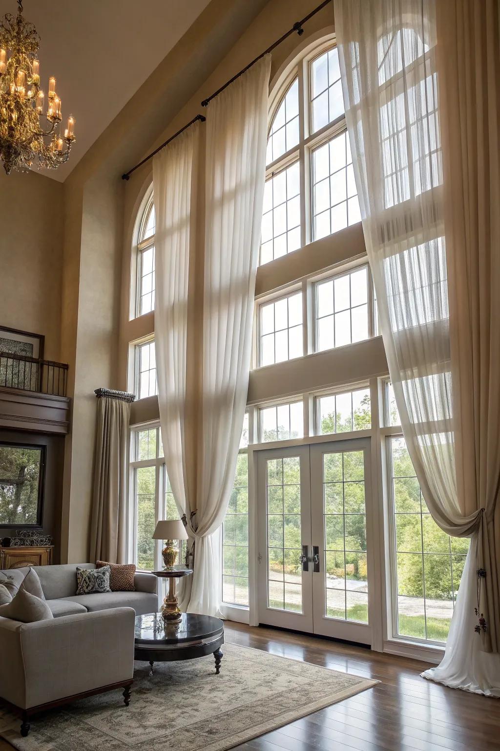 Layered window treatments enhance the tall windows with depth and class.