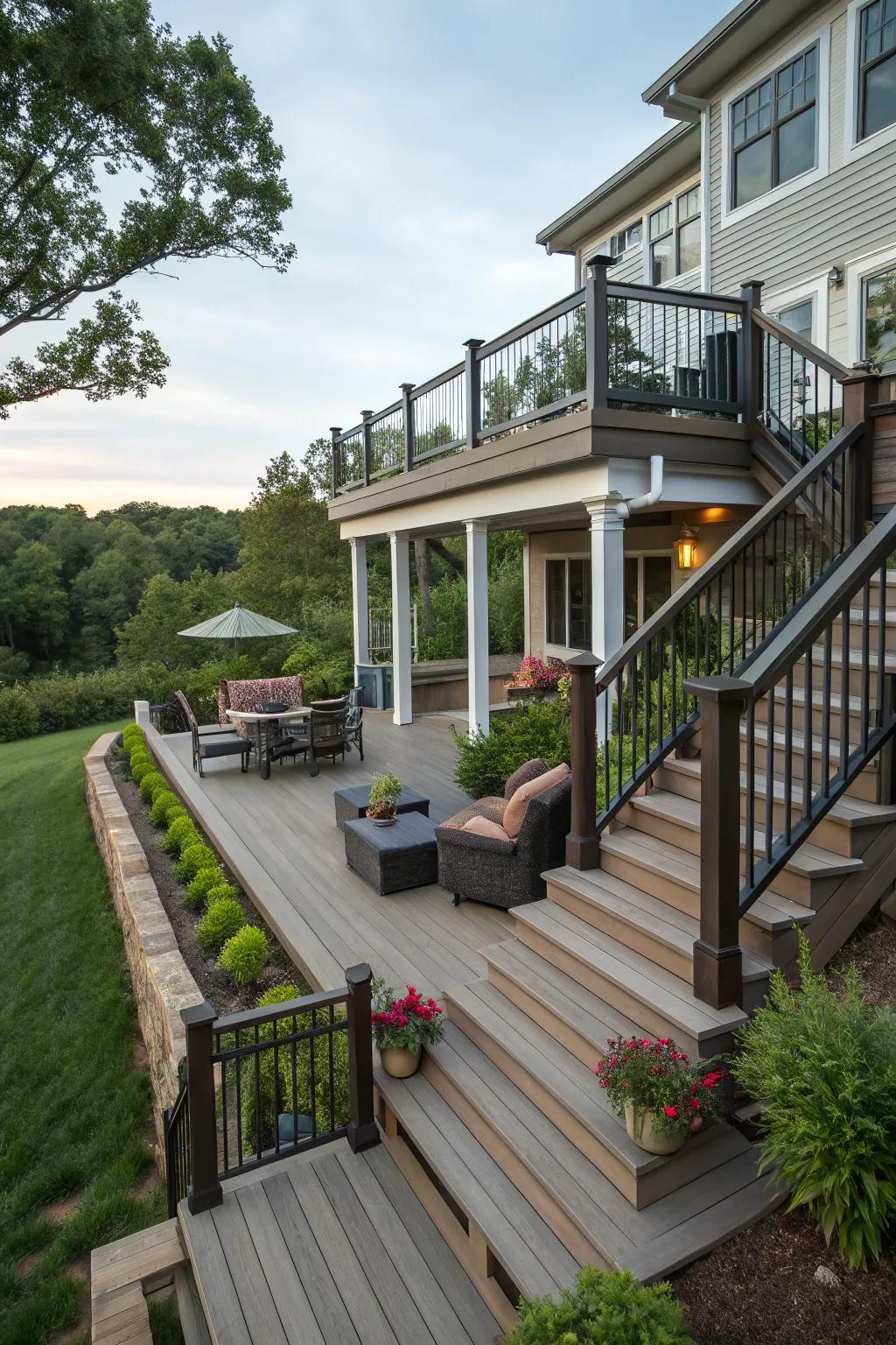 A tiered deck layout providing distinct zones for relaxation.