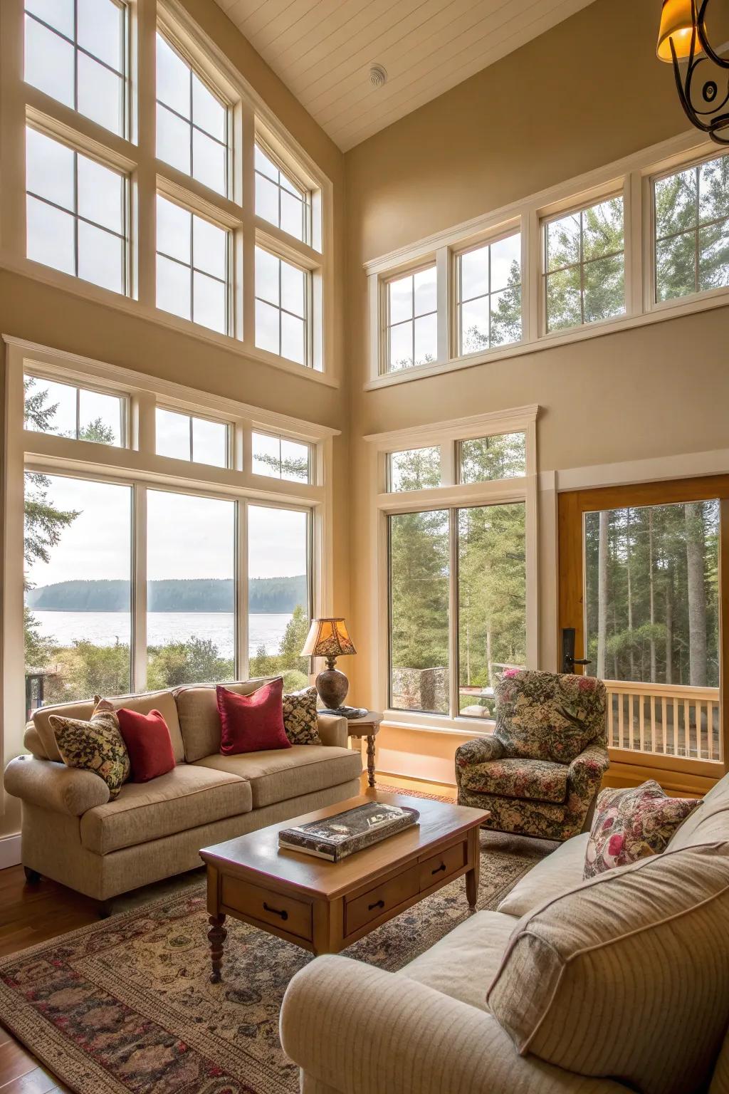 Expansive windows brighten the upper-level living room with sunlight.