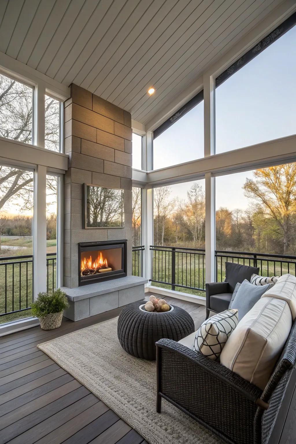 A stylish gas indoor fireplace contributing warmth to the porch.