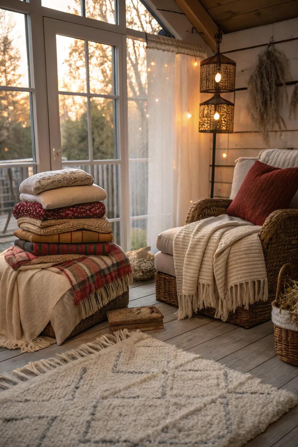Warm textiles adding coziness and charm.