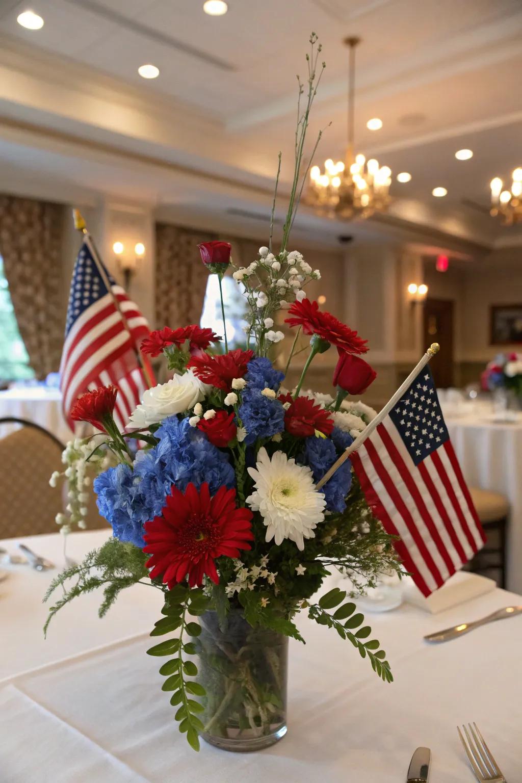 Floral showpieces featuring flags inject nationalistic flair into your table.