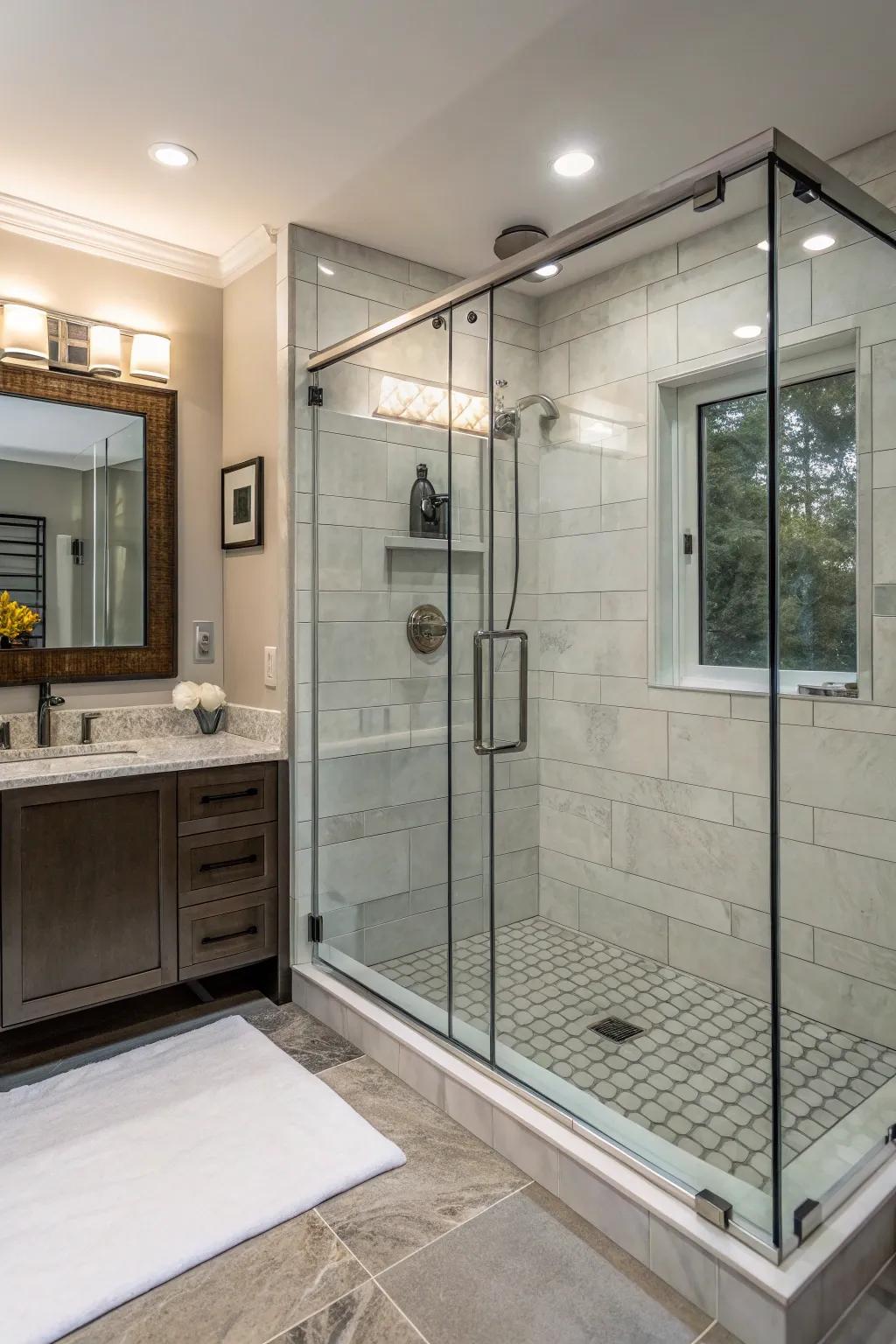 A frameless glass partition amplifies the feeling of spaciousness in a small shower.