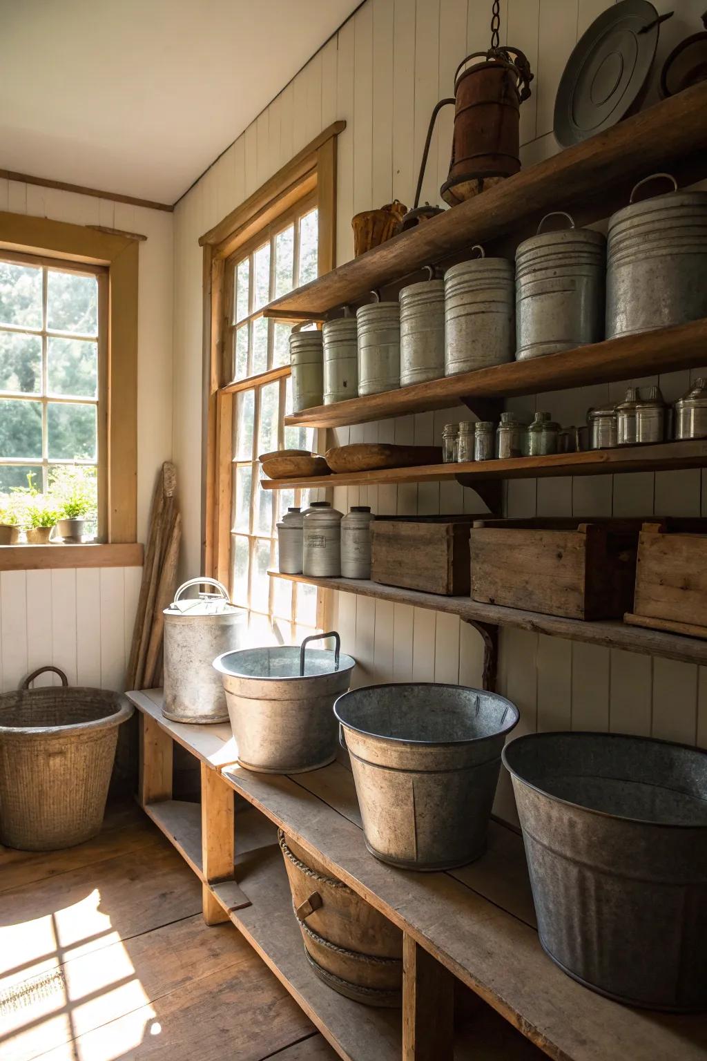 Antique cans bring a rustic feel to creative water storage solutions.