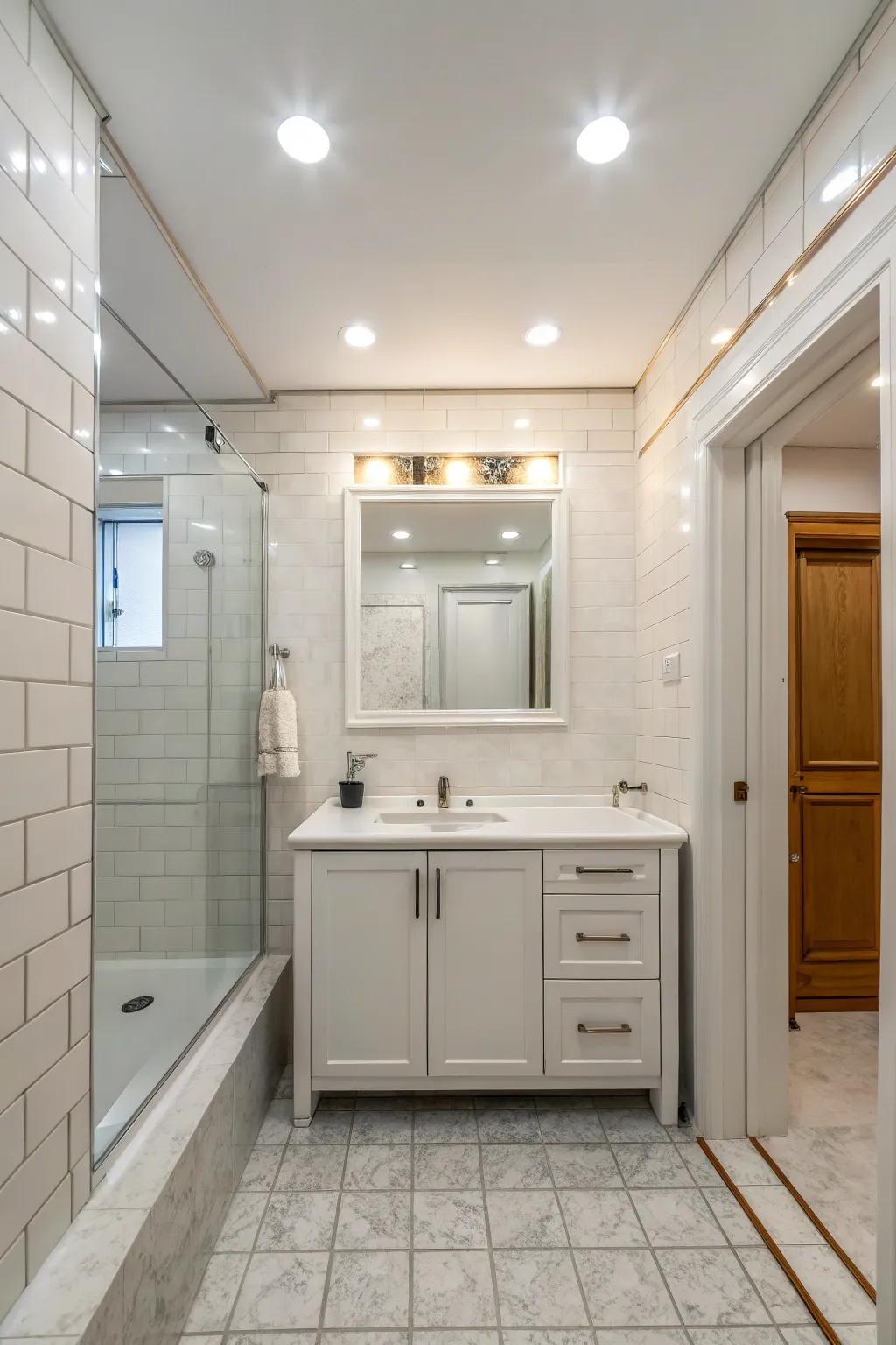 Fitted lighting enhances the ambiance of a small bathroom.