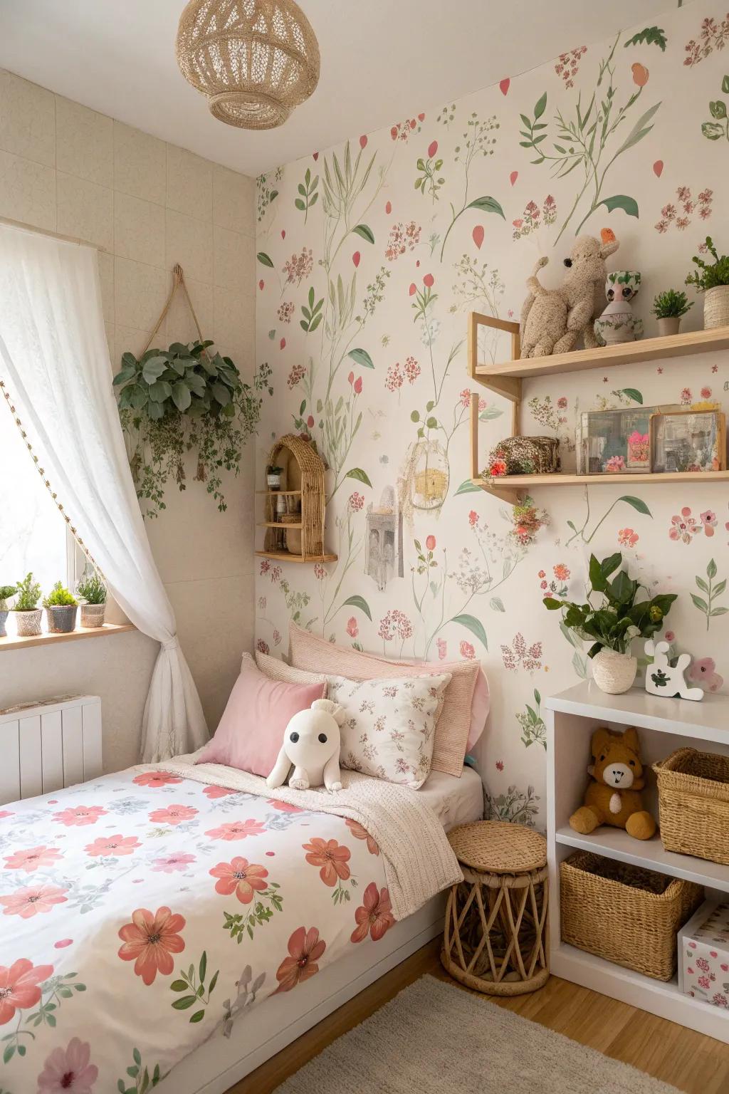A calm bedroom that includes flower and nature themes to add peace.