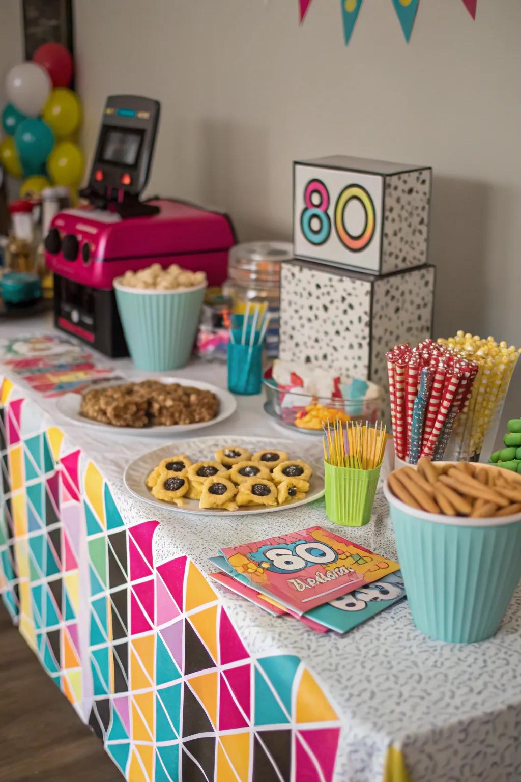 Abstract designs on tablecloths breathe life into the 80s aesthetic.