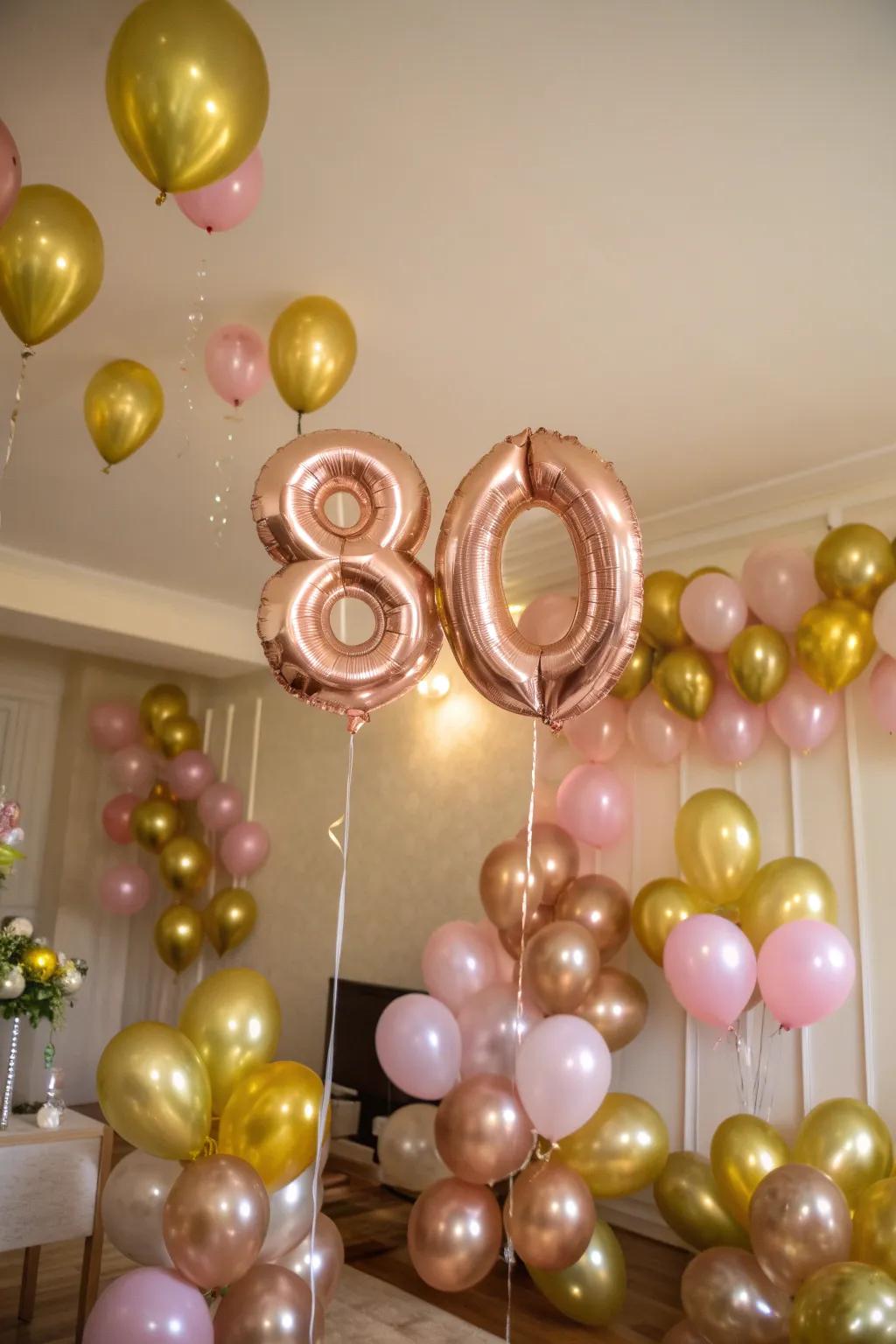 A room adorned with gold and pink balloons, honoring 80 years.