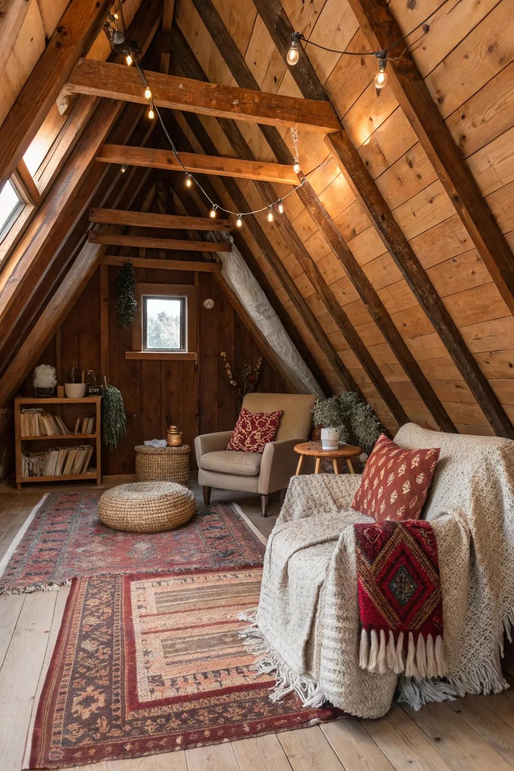 Exposed timber beams infuse your attic area with rustic charm.