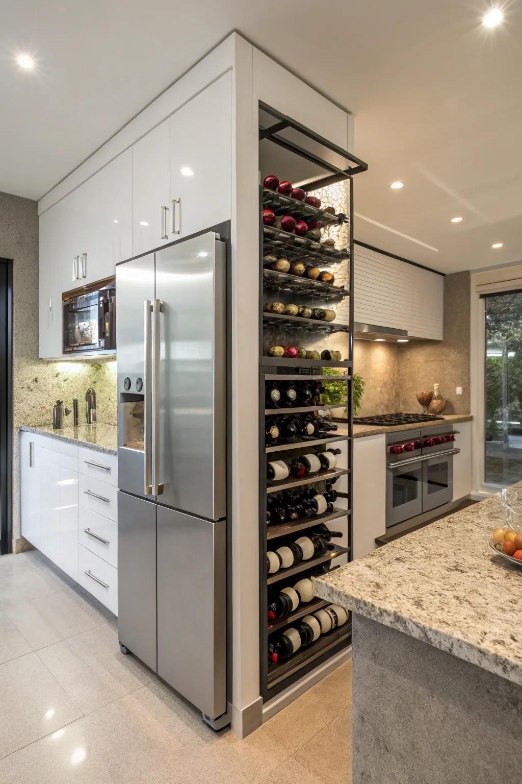 A wine storage solution above the fridge creates an eye-catching centerpiece.