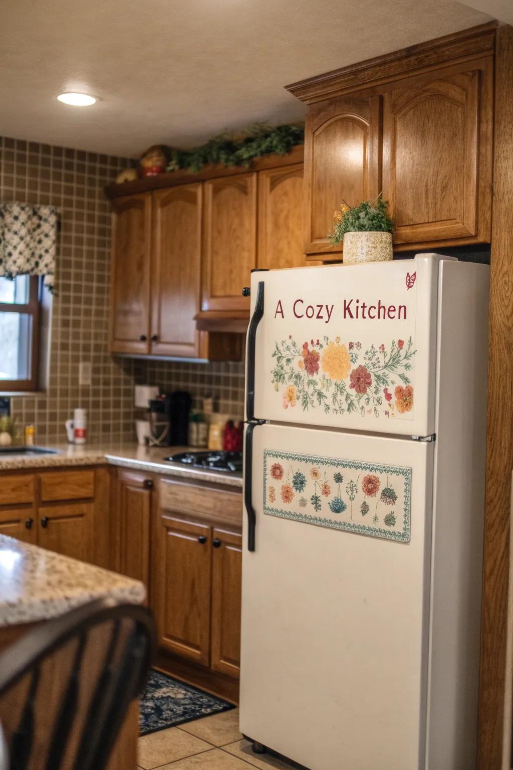 Show off your personality with a decorative plaque above the fridge.