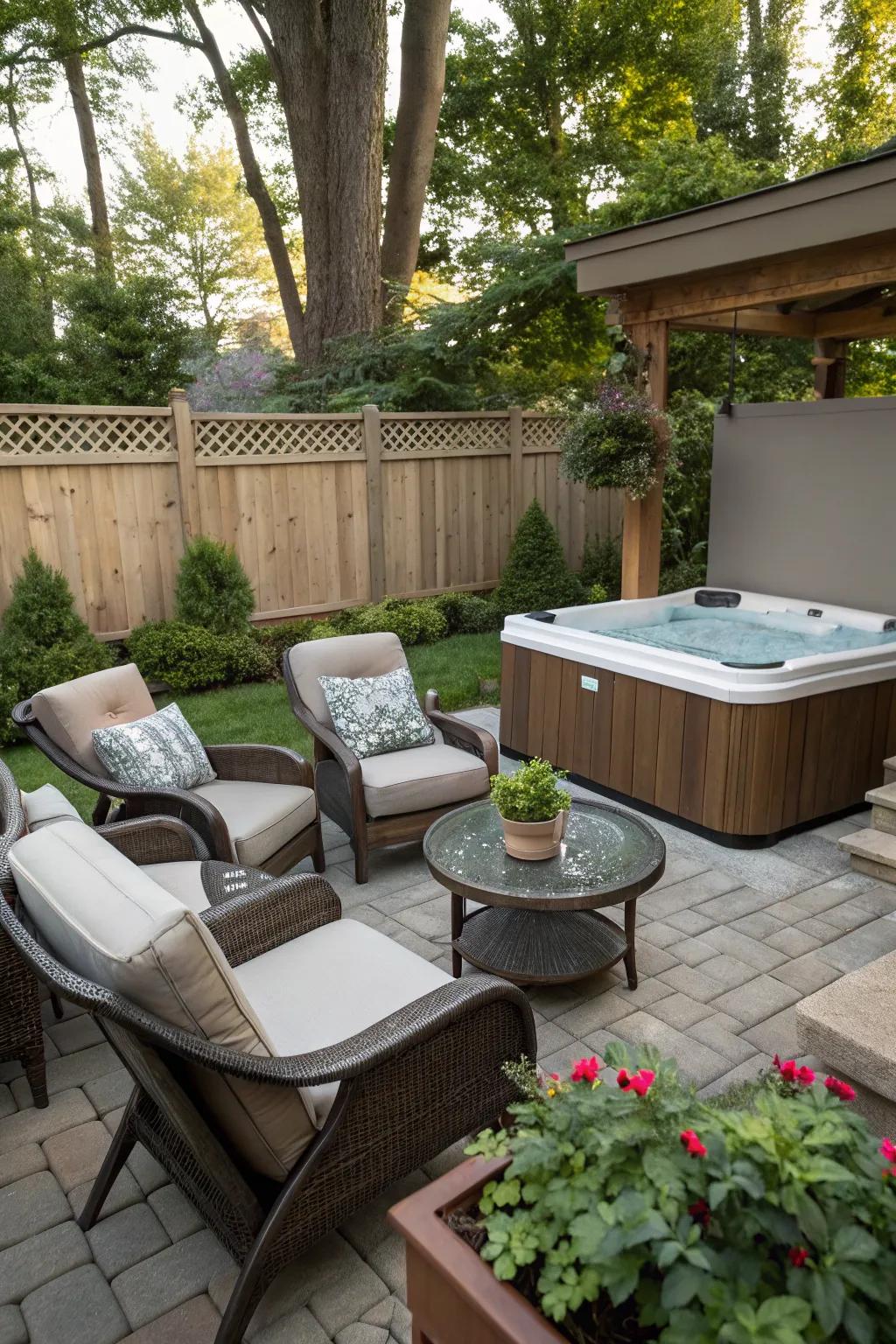 Forge a cozy location for leisure with comfy seating near your hot tub.