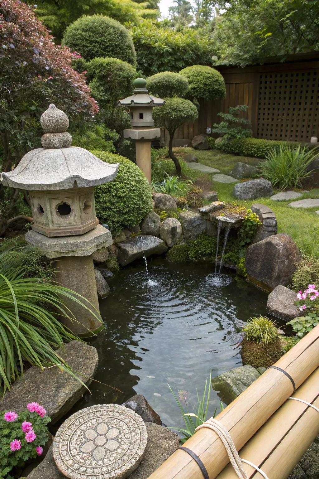 Japanese garden elements add a serene touch to this elevated pond with a cascade.