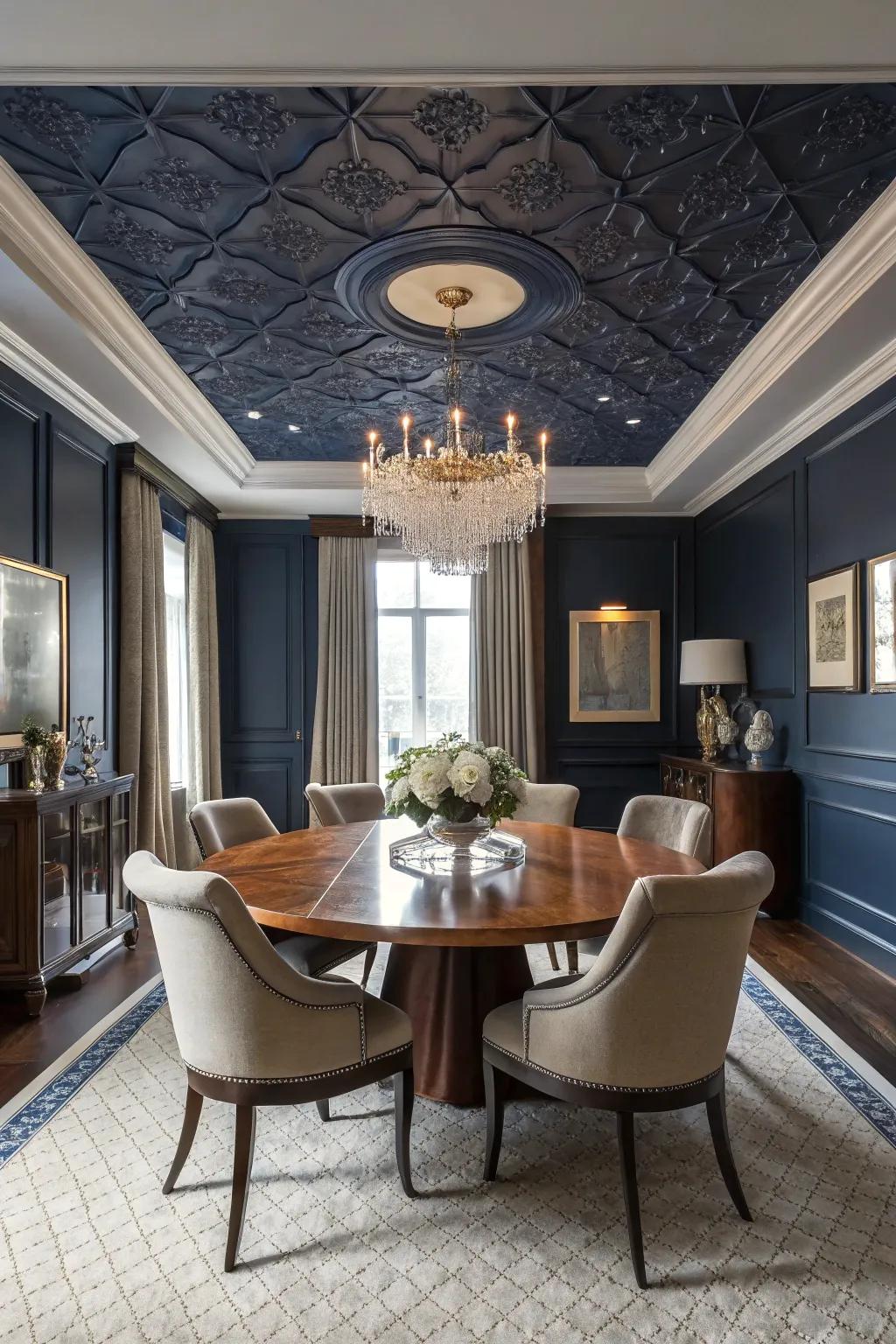 A deep navy ceiling creates an impressive mood in this lounge.