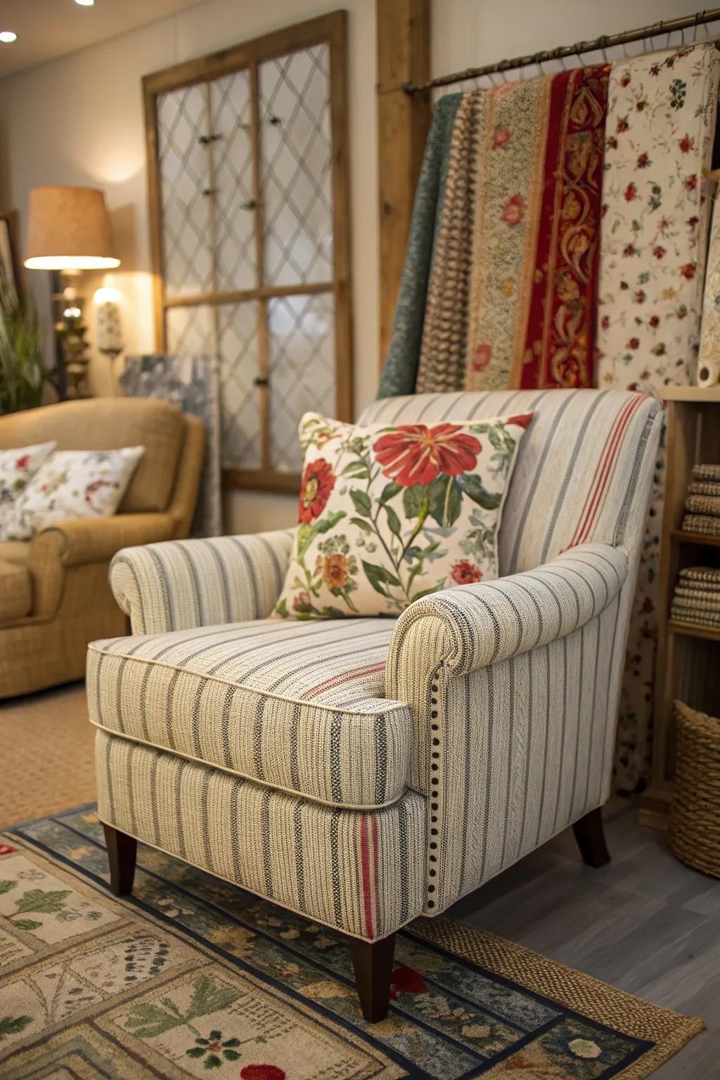 A striped chair paired with a floral cushion adds visual interest.