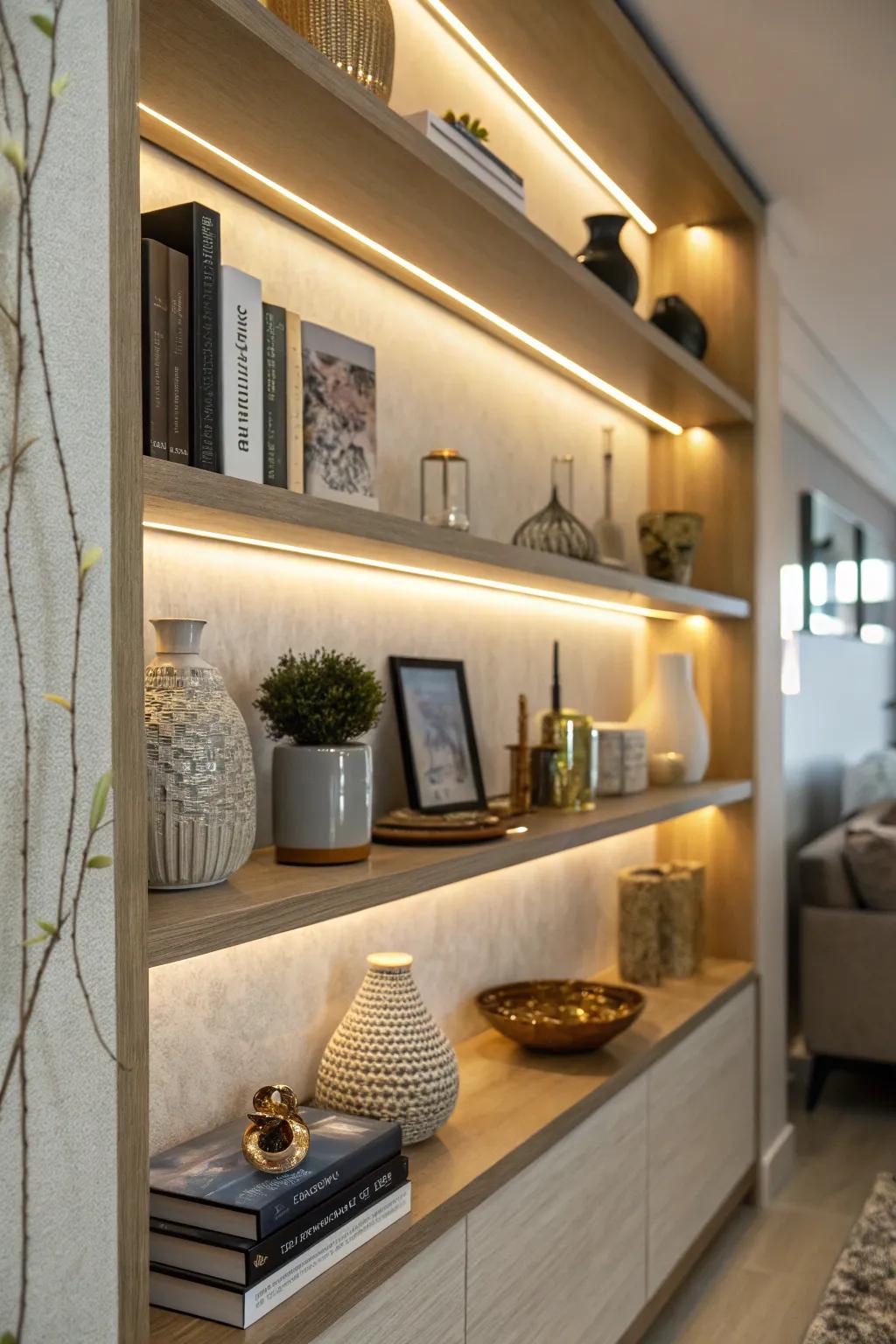 Linear LED lights beneath shelves animate decor.