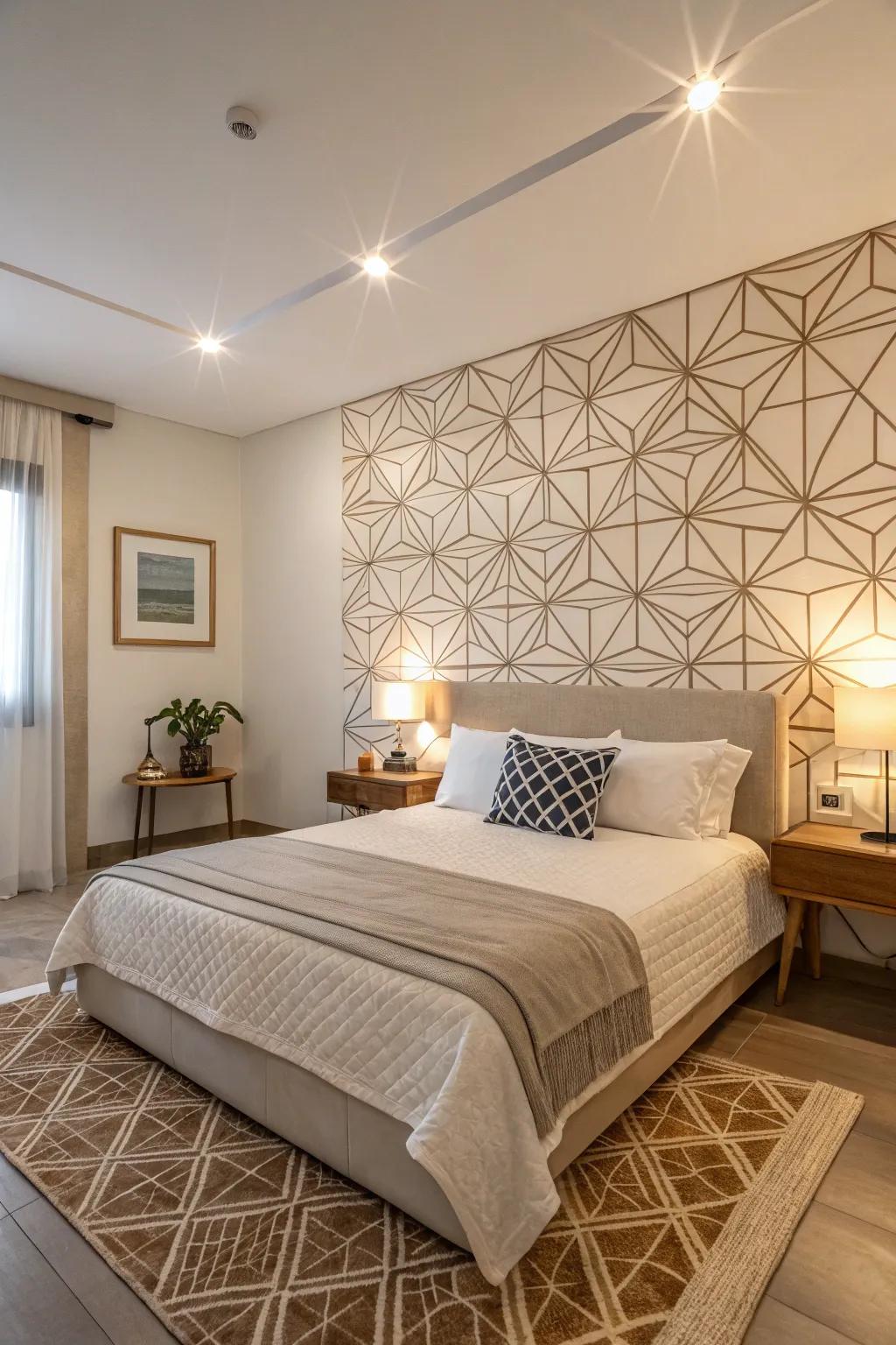 Geometric designs on the feature wall give a modern flair to this minimalist bedroom.
