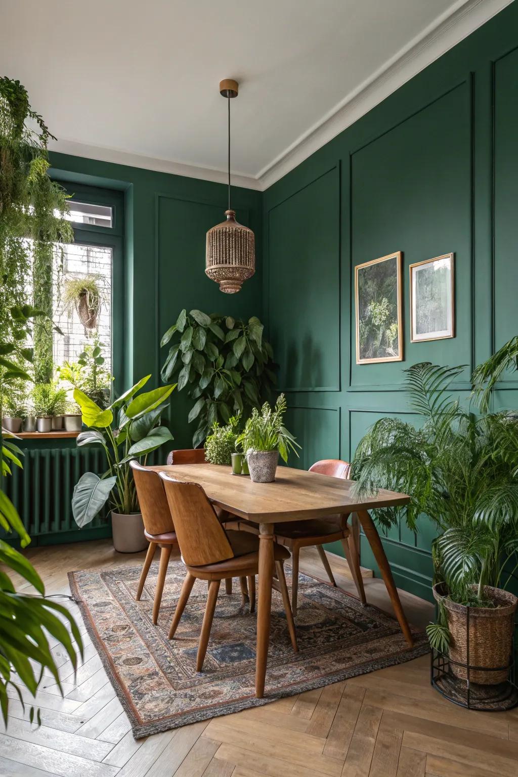 A dining area enhanced by a rich green accent wall and indoor plants.