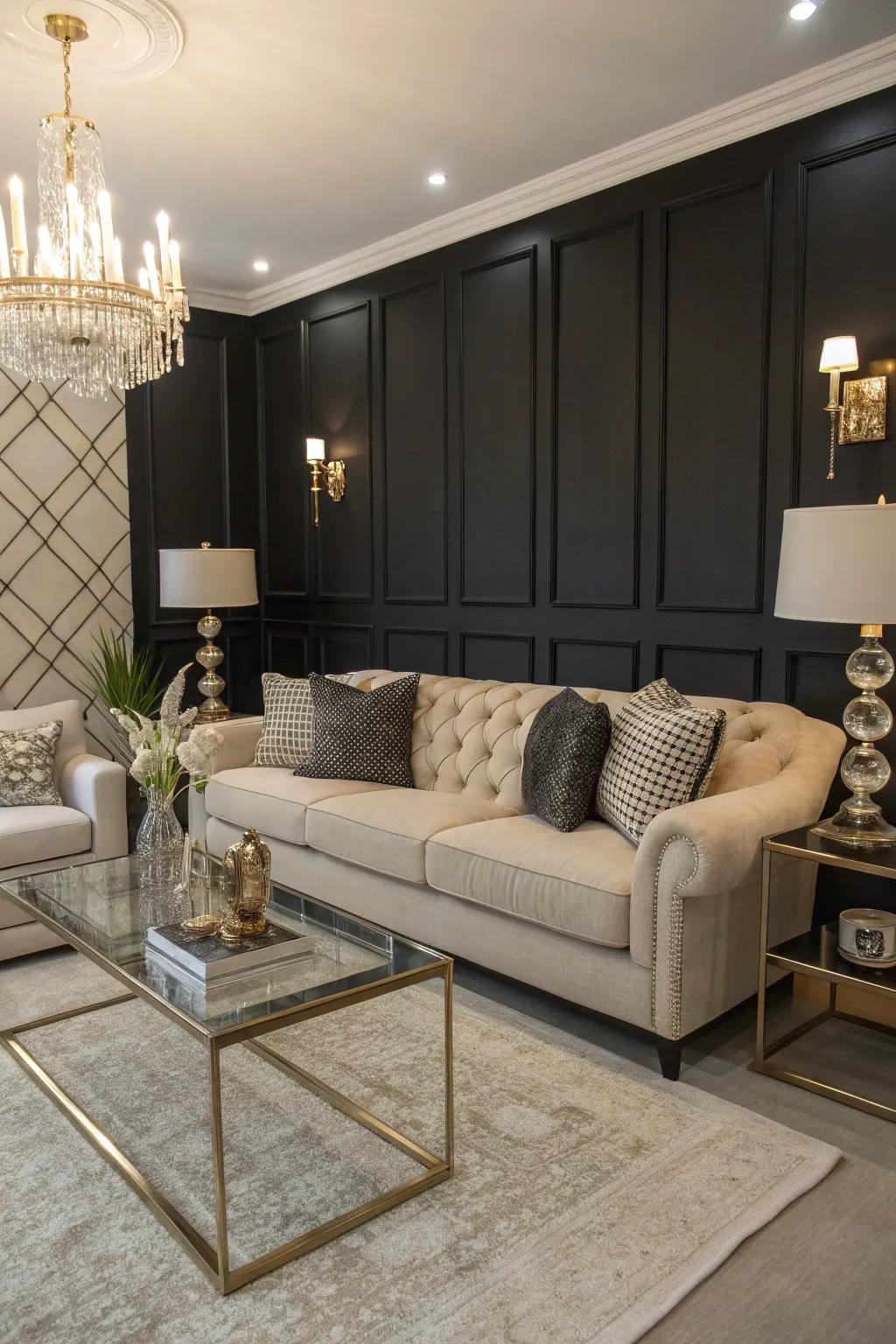 An elegant family room showcasing a black feature wall.