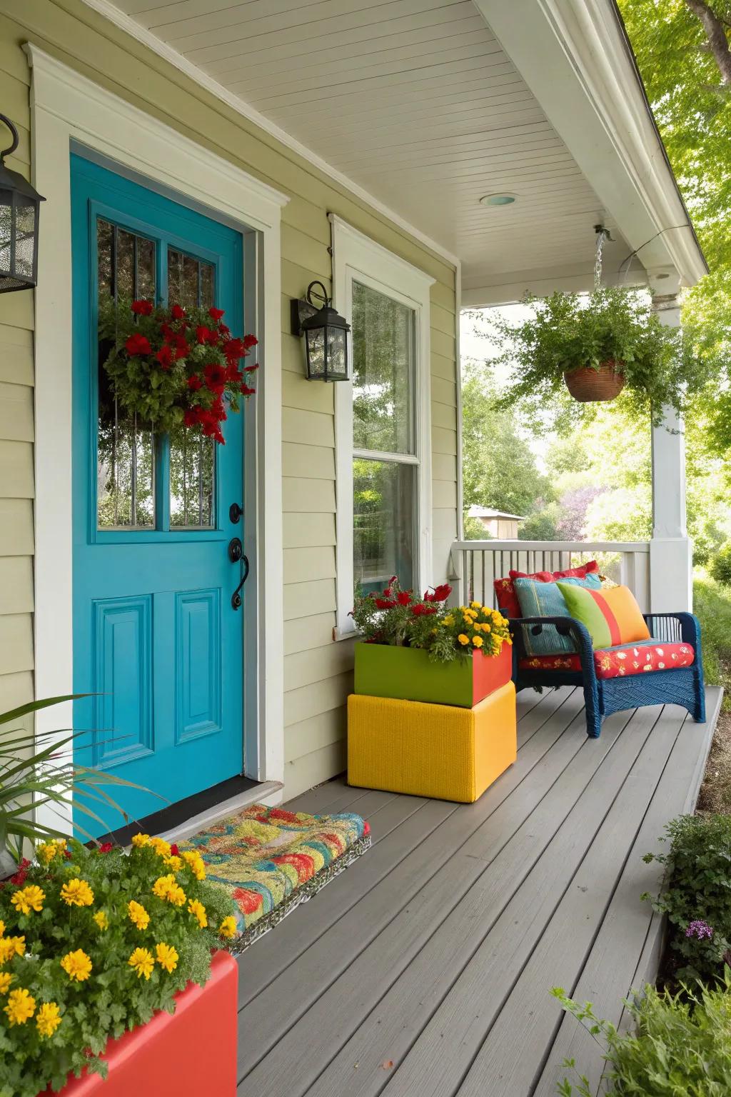 An energetic front porch featuring a joyful color scheme.