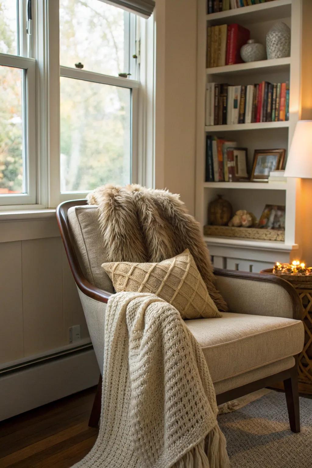 Textured blankets and cushions offer a cozy winter look