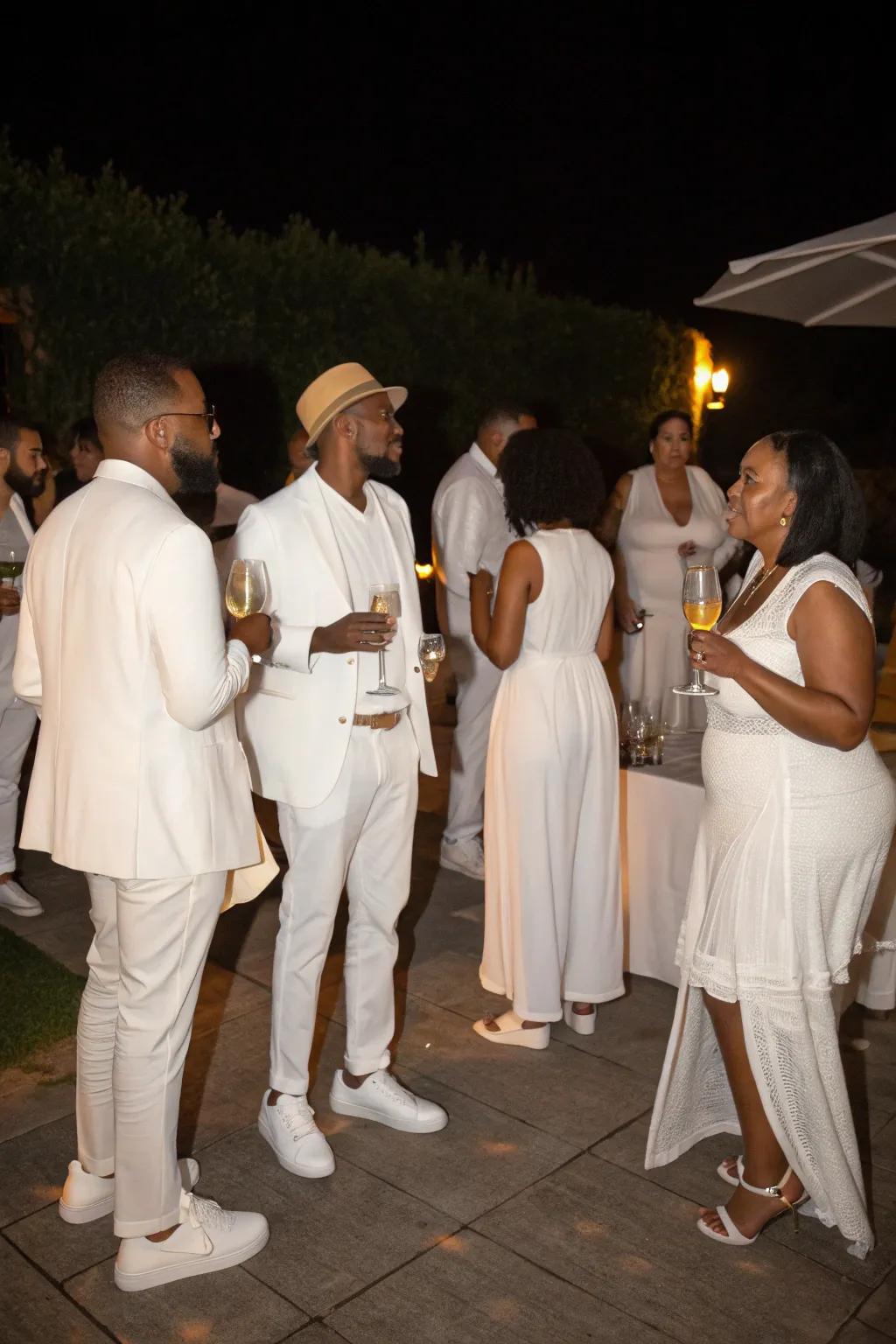 Guests dressed in all-white create a sophisticated and unified look.