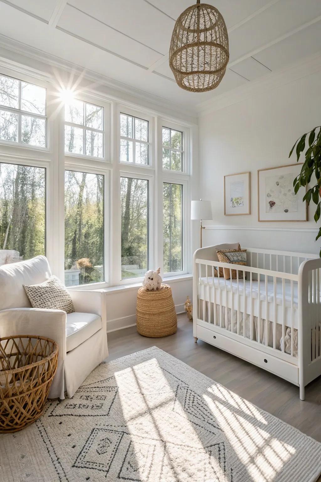 Natural light bathes a peaceful white nursery, heightening its airy ambiance.