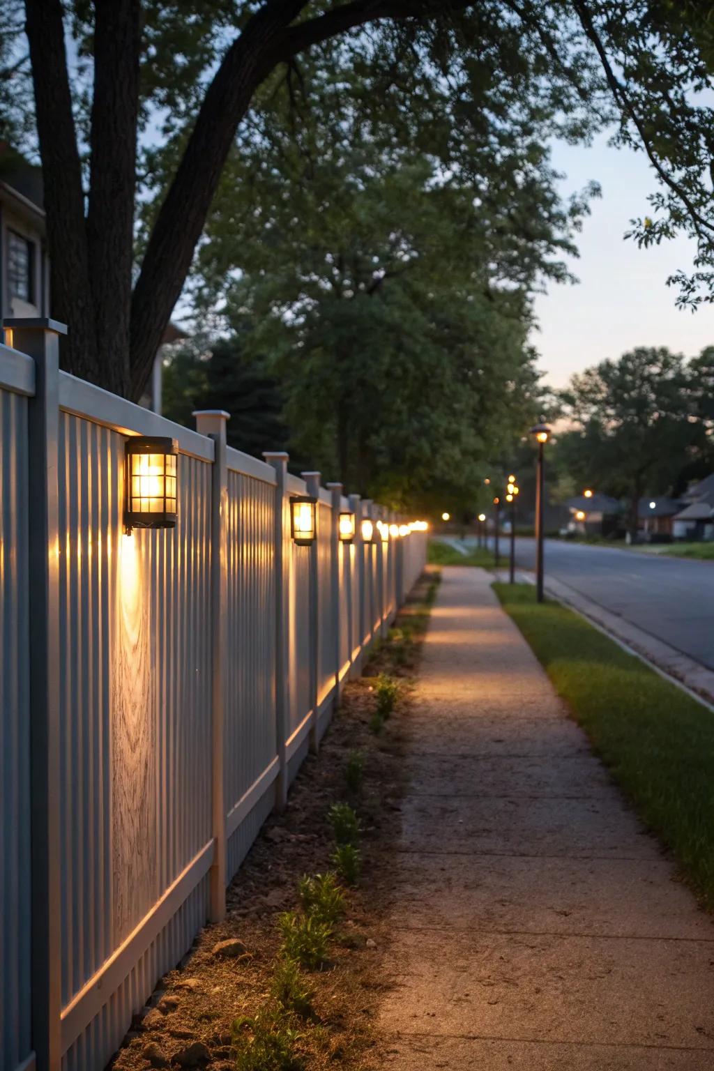 Decorative lighting adds atmosphere to an aluminum fence.