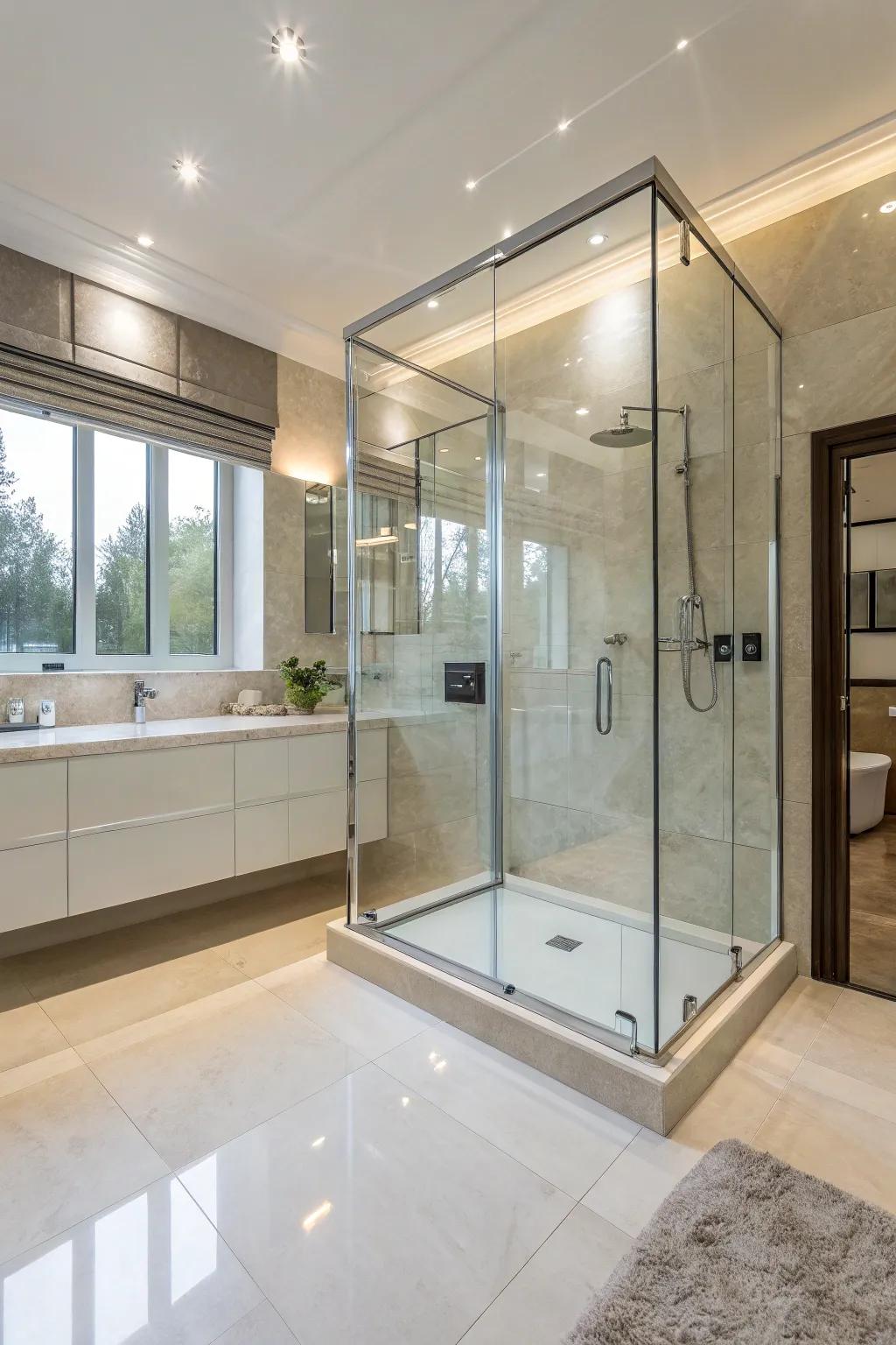 Glass showers give the space a modern feel and open it up.
