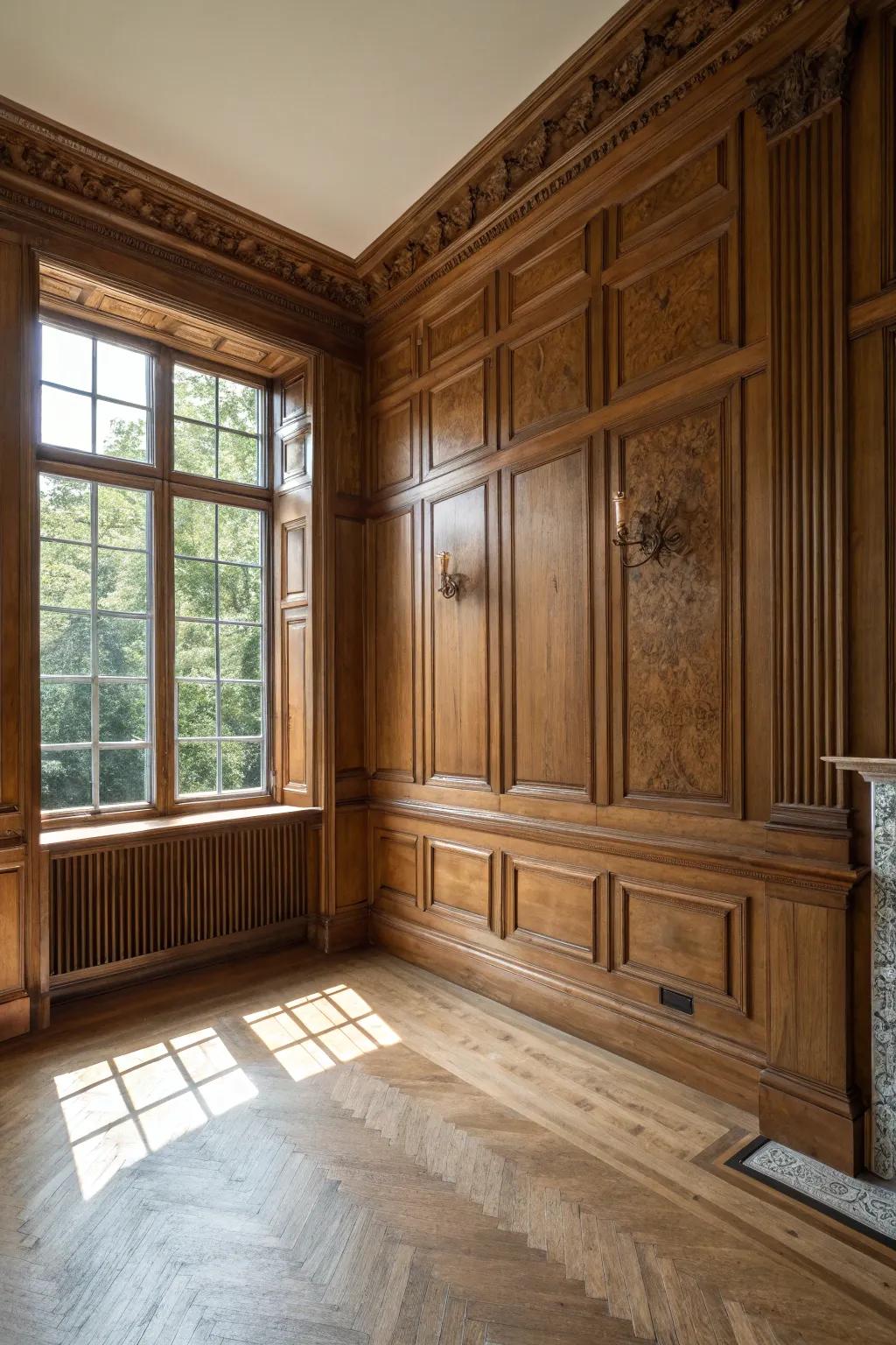 Wood wall decor enhancing warmth and texture to a colonial-inspired space.