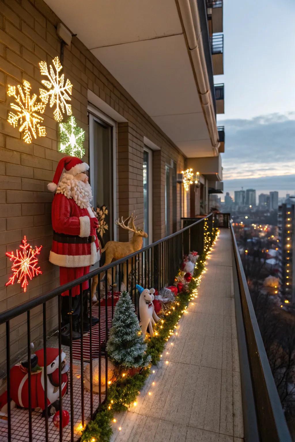 A Santa figurine provides a playful seasonal touch to this balcony.