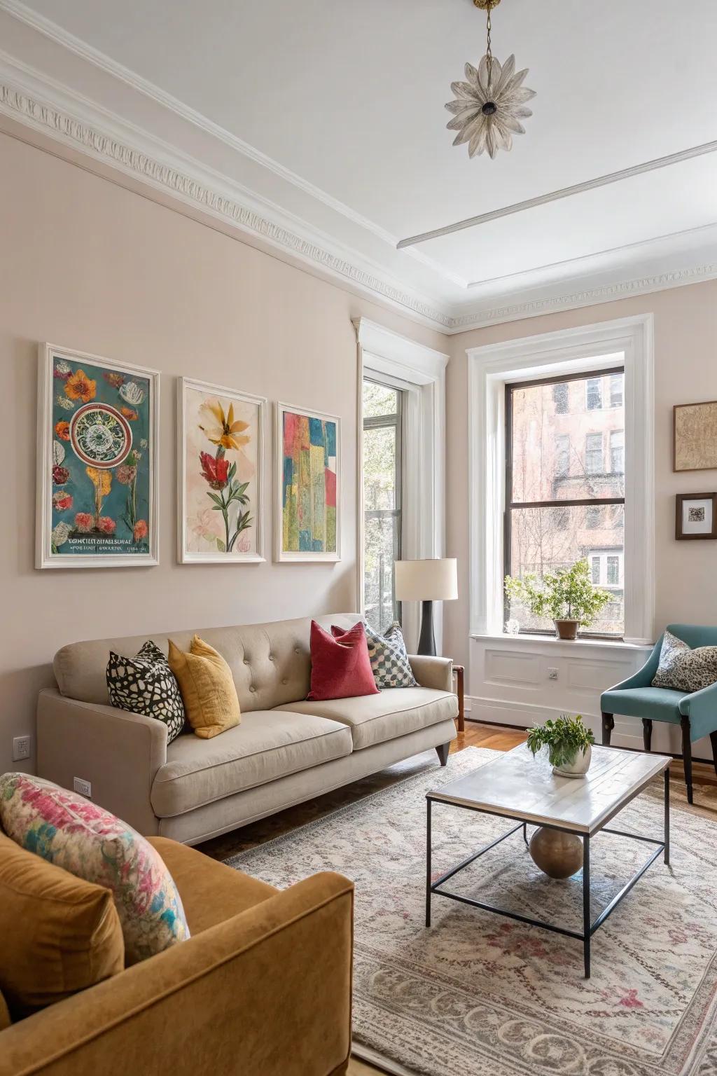 Harmonious atmosphere created by neutral hues and striking accents.