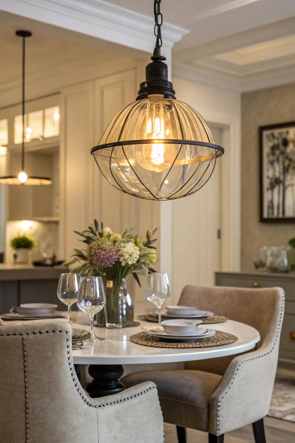 A dining space enhanced by a simple-to-install pendant light.