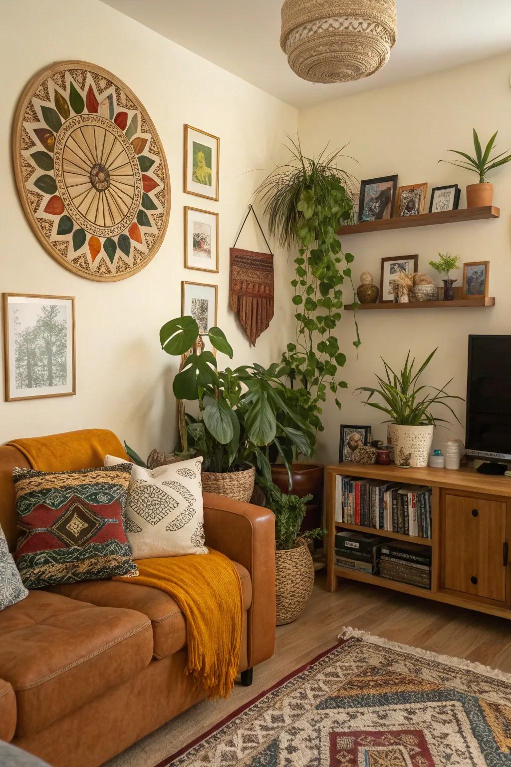 Ornamental pieces like artwork and plants bring character to this living room.