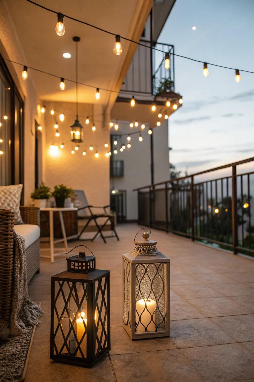 String lights and lanterns create a warm and welcoming atmosphere.
