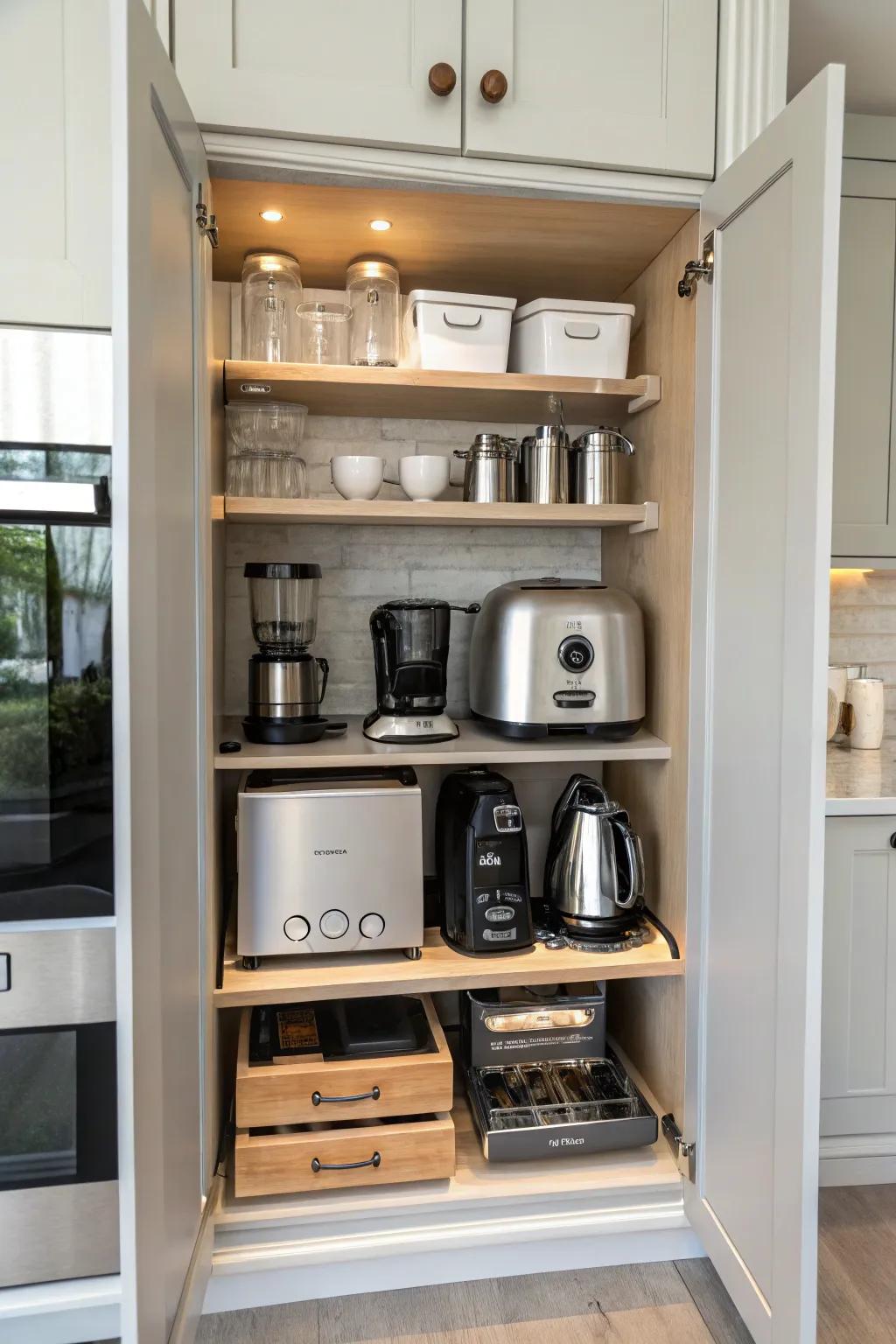 Extendable shelving offers easy access to kitchen tools, improving both function and organization.
