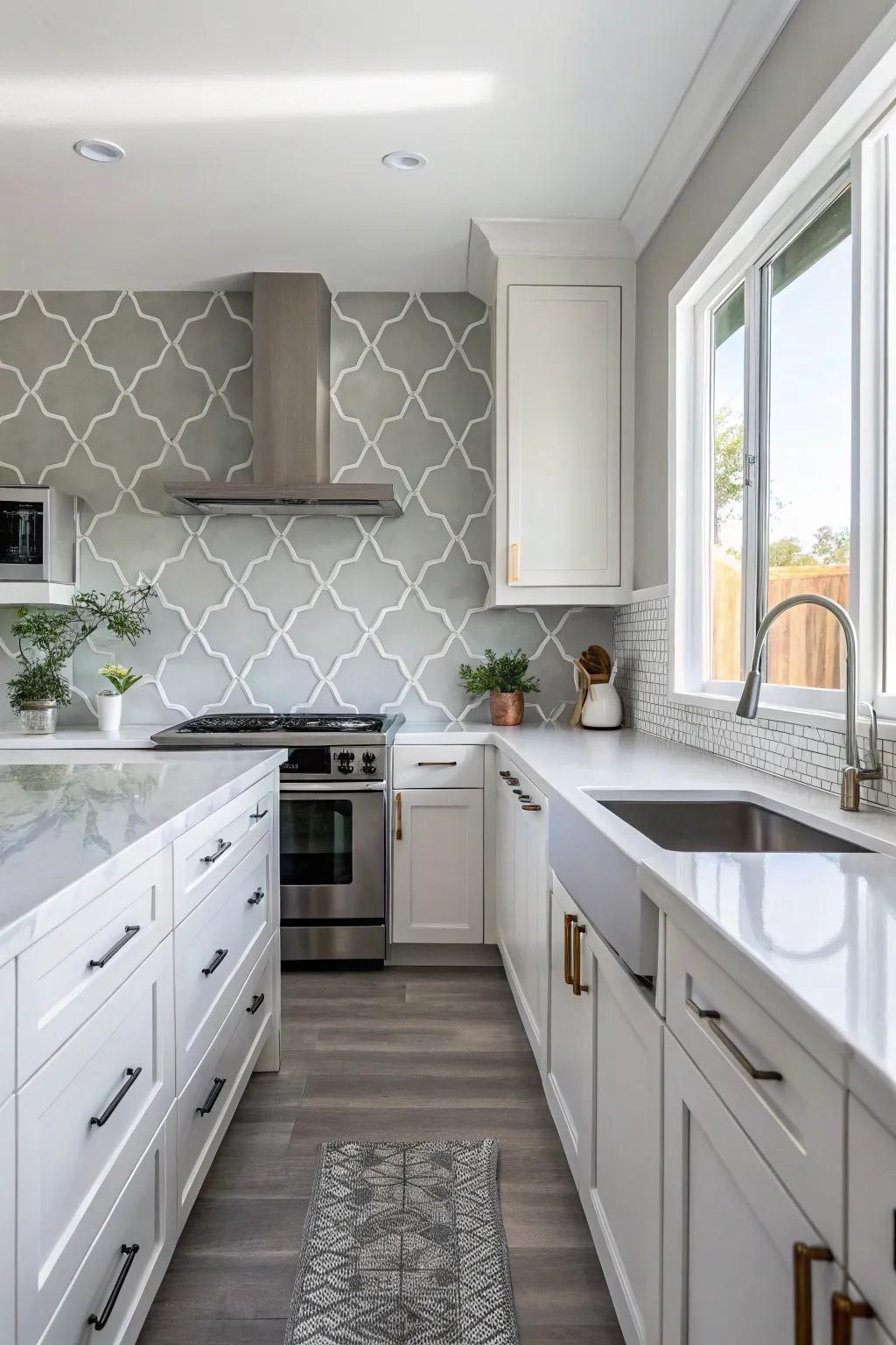 A minimalist kitchen featuring a calming gray arabesque tile backsplash.