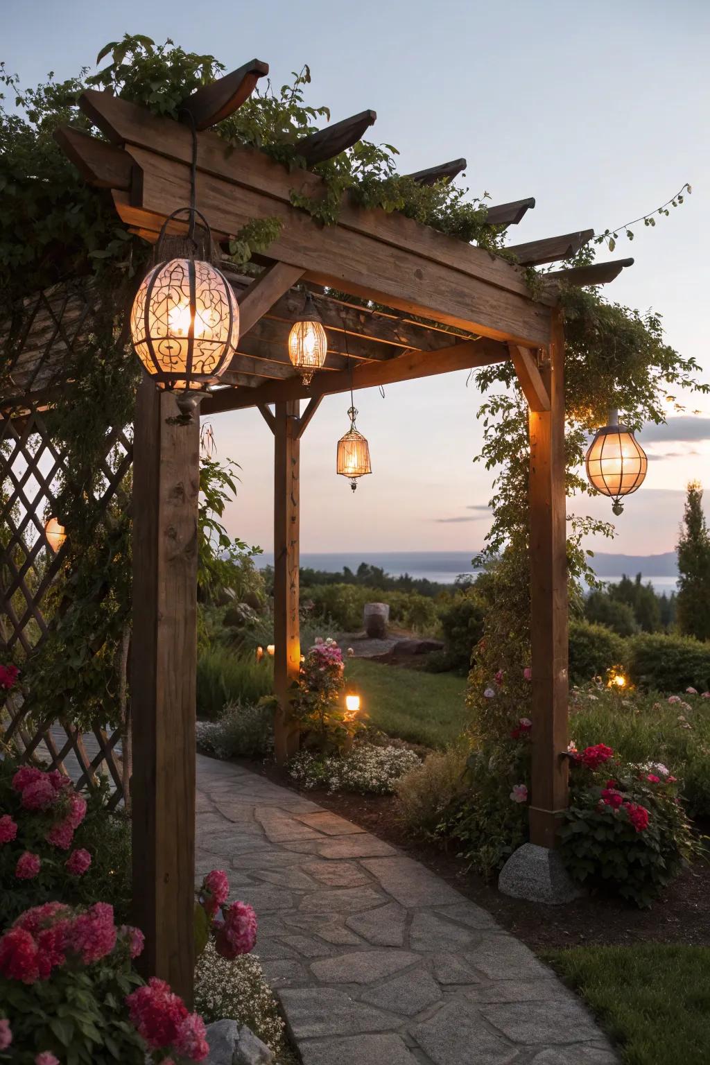 Vintage lanterns on a wooden arbor craft a magical evening ambiance.