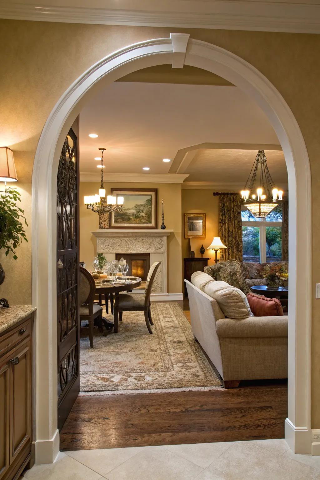 An archway door providing a seamless transition between living and dining spaces.